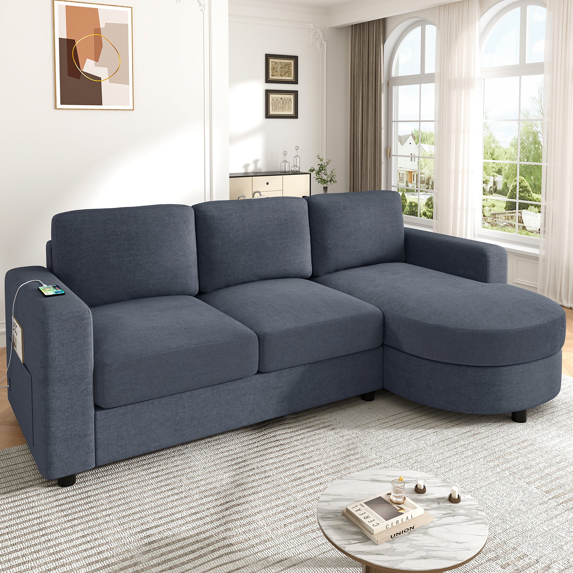 Modern Blue Chenille L-shaped Sectional Sofa with Curved Chaise, USB Ports, and Side Storage Pockets, 84.6' x 51.2' Secondary image