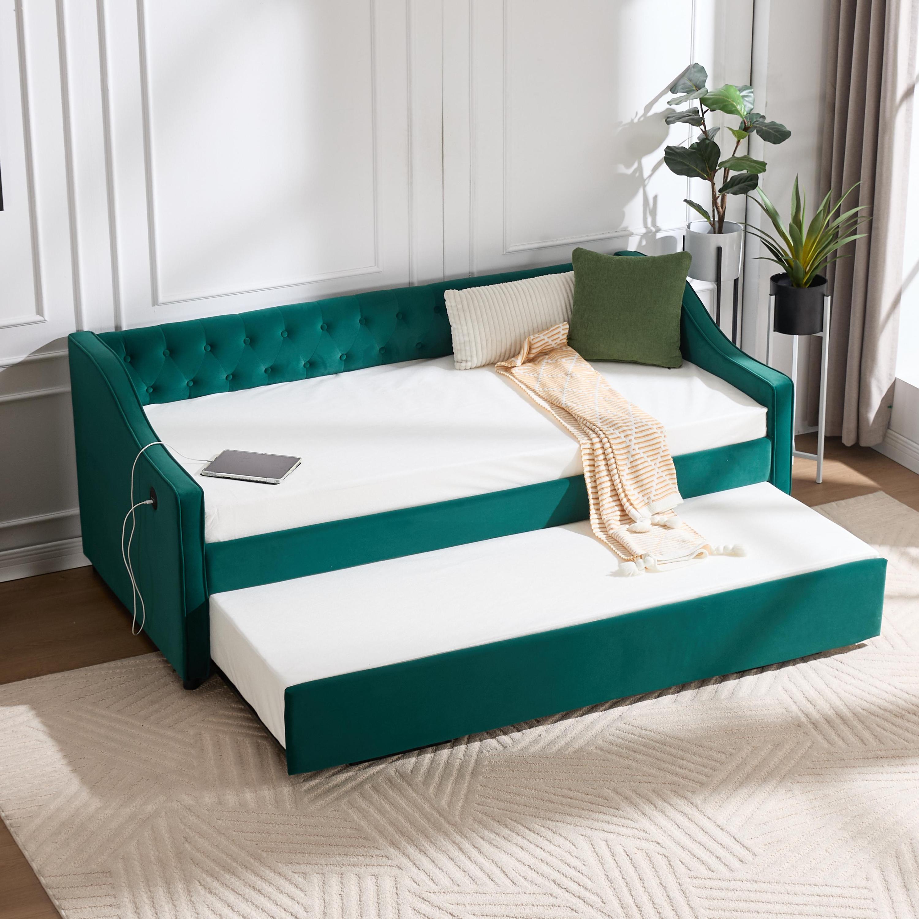 Twin Size Upholstered Daybed with Trundle,USB Port ,Side Pockets,Velvet Daybed with Button on Back and Piping on Waved Shape Arms for Bedroom Guest Room Main image