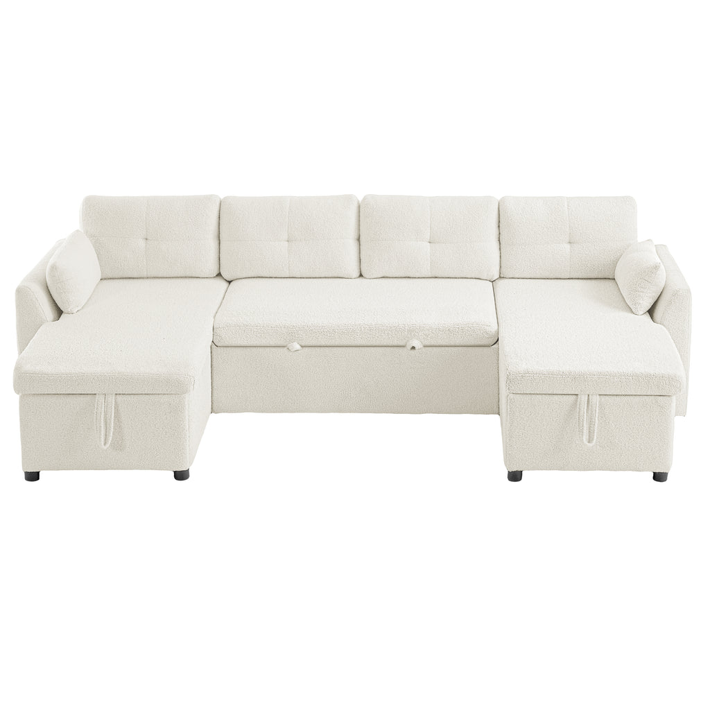 Modern U-shaped Sectional Sofa Bed with Storage and USB Ports, Beige Teddy Fabric, 107'