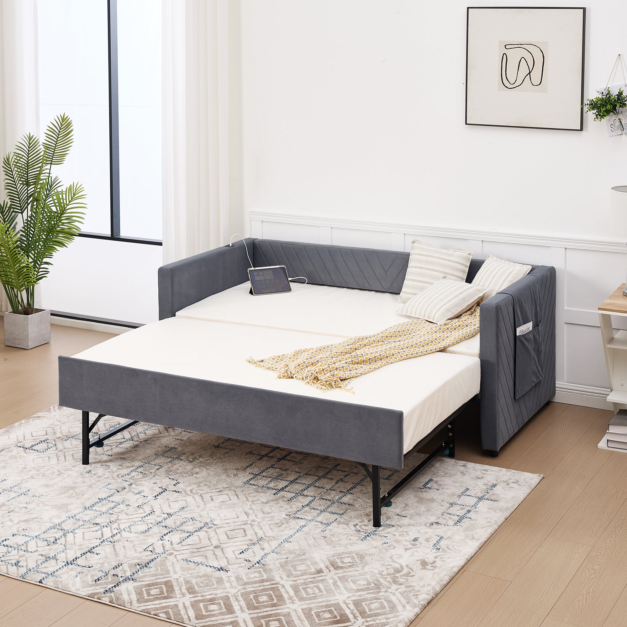 Twin Size Upholstered Daybed with Trundle,USB Port ,Side Pockets, Modern V-grained backrest Design,No Box Spring Needed, for Bedroom, Guest Room ( Grey, Twin) Secondary image