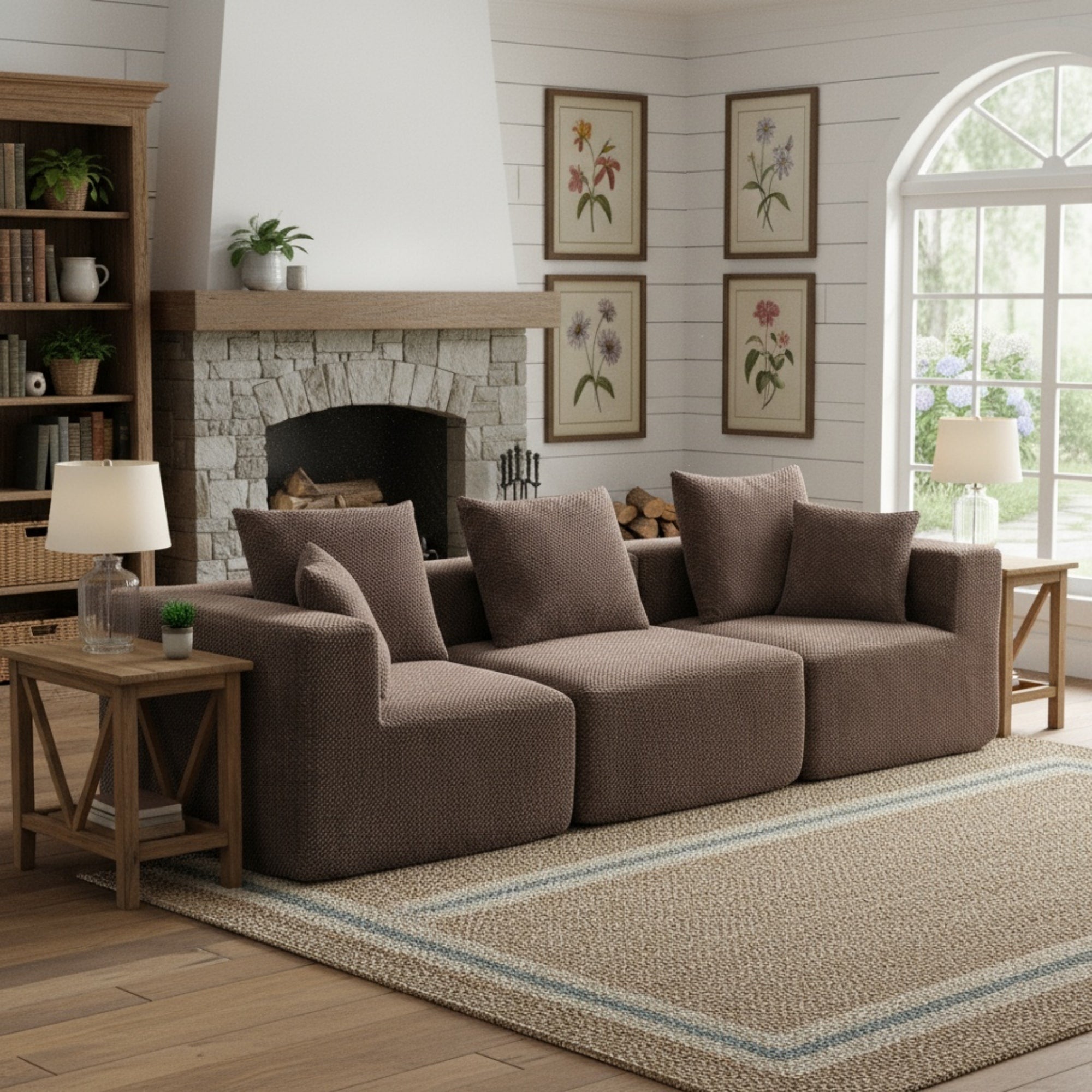 Oversized Modular Deep-Seat Sofa, 3-Piece All-Foam Sectional Couch in Soft Textured Fabric, Tool-Free Assembly, Apartment-Friendly Low Profile, 111' × 37' × 23.6'-Brown Main image