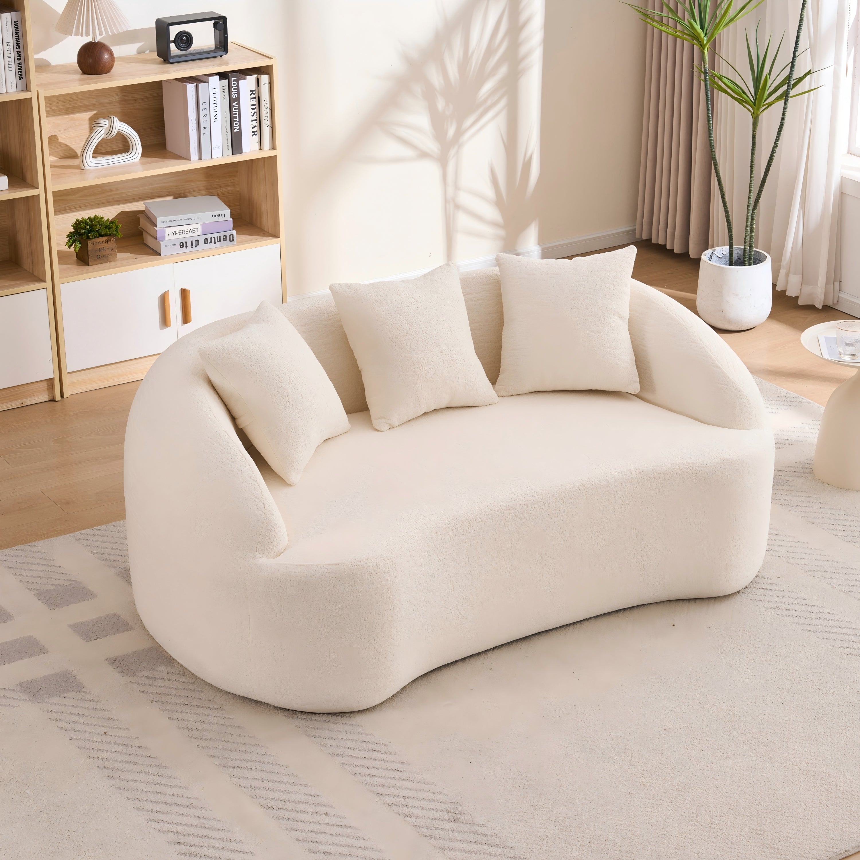 LY-049S Curved Modern Boneless Sofa Loveseat, Backrest Upgrade, 2-Seater Off-White Chenille Compression Couch with 3 Pillows, Minimalist Modular Couches for Living Room, Office, Apartment, Guest Room