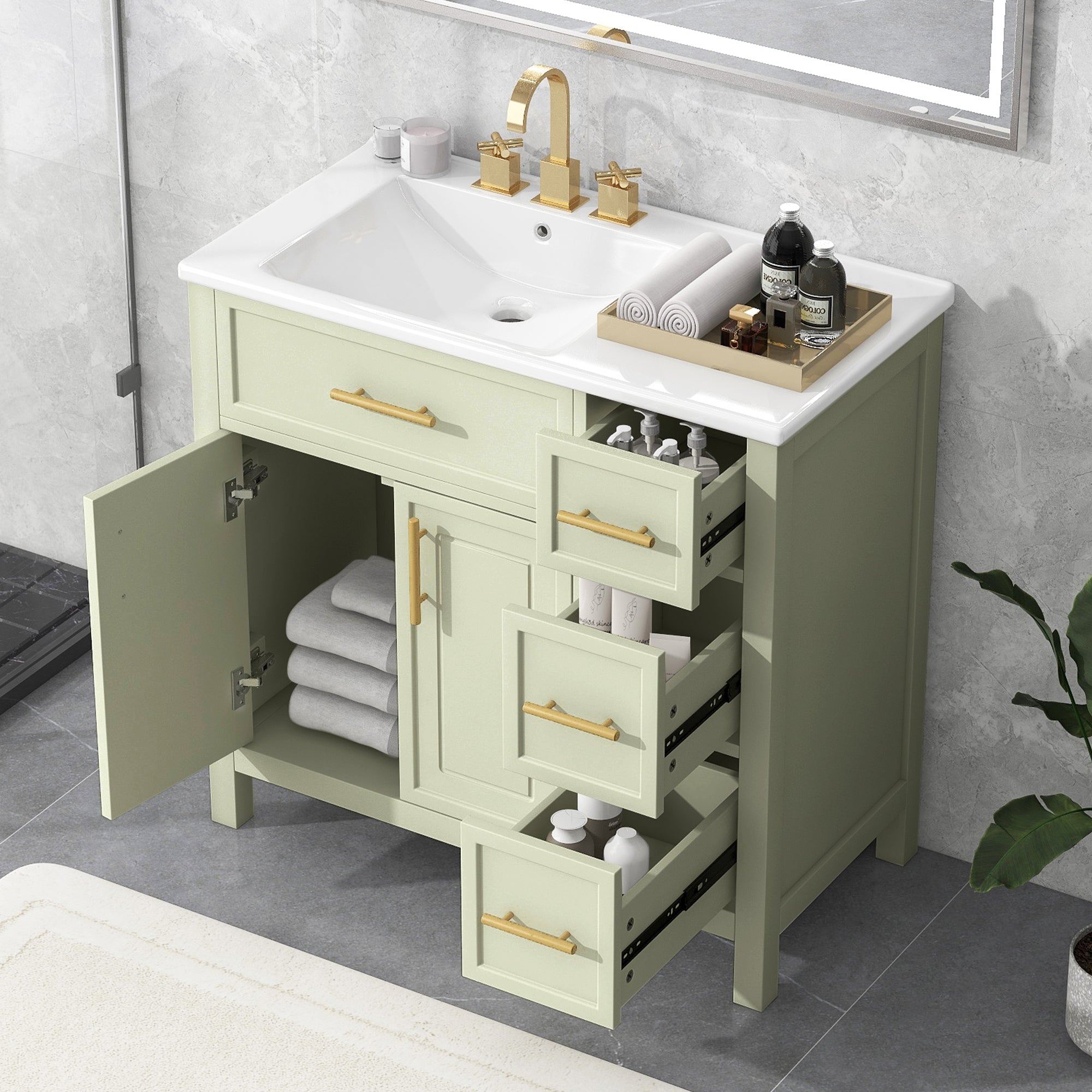Modern 36' Bathroom Vanity with Sink Top, Solid Wood & MDF Cabinet, White-Green Finish, Two Doors, Three Drawers, Rectangular Design Secondary image