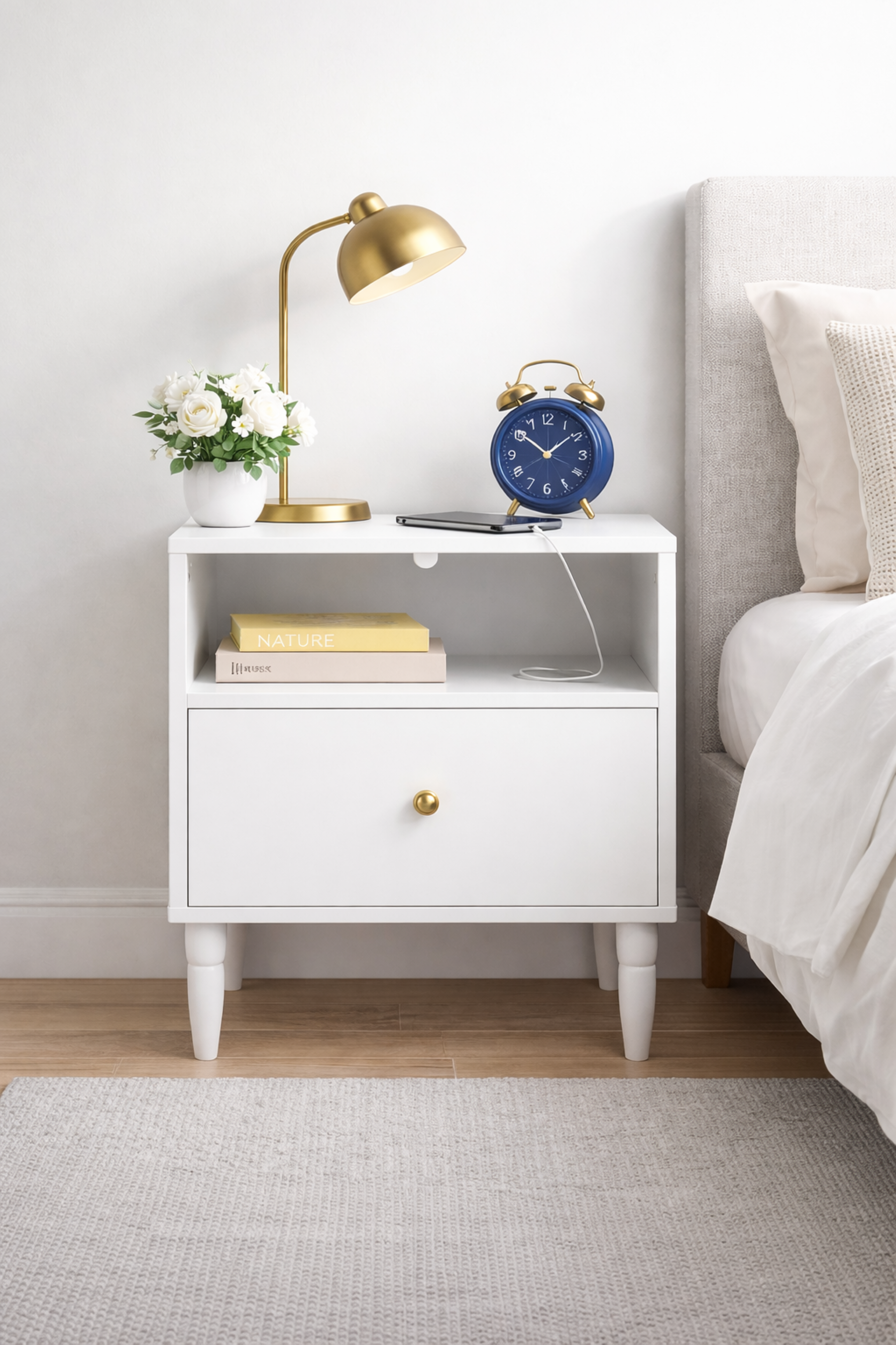 Modern White Nightstand with Drawer and Open Shelf, Bedside Table with Gold Knob, Solid Wood Legs, Small End Table for Bedroom, Living Room Secondary image