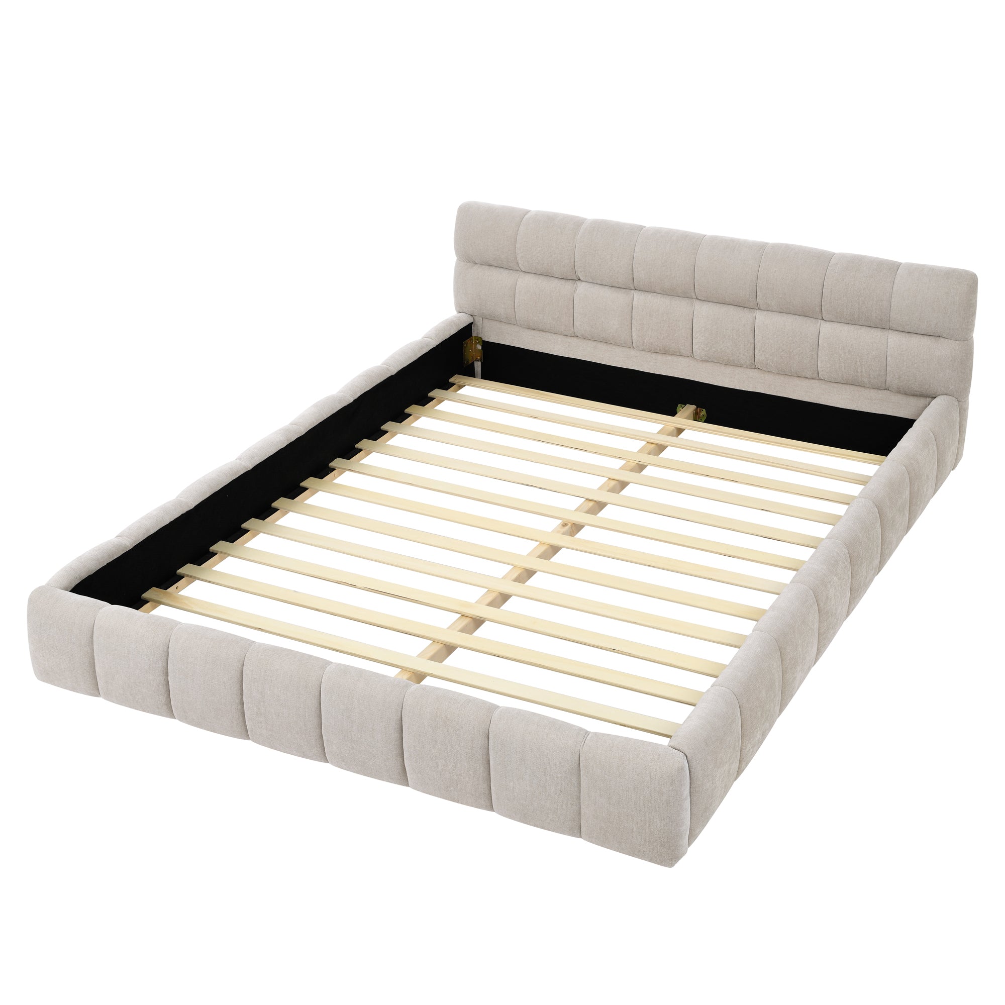Modern Queen Size Upholstered Bed Frame with Headboard, Thick Chenille Fabric, Beige Main image