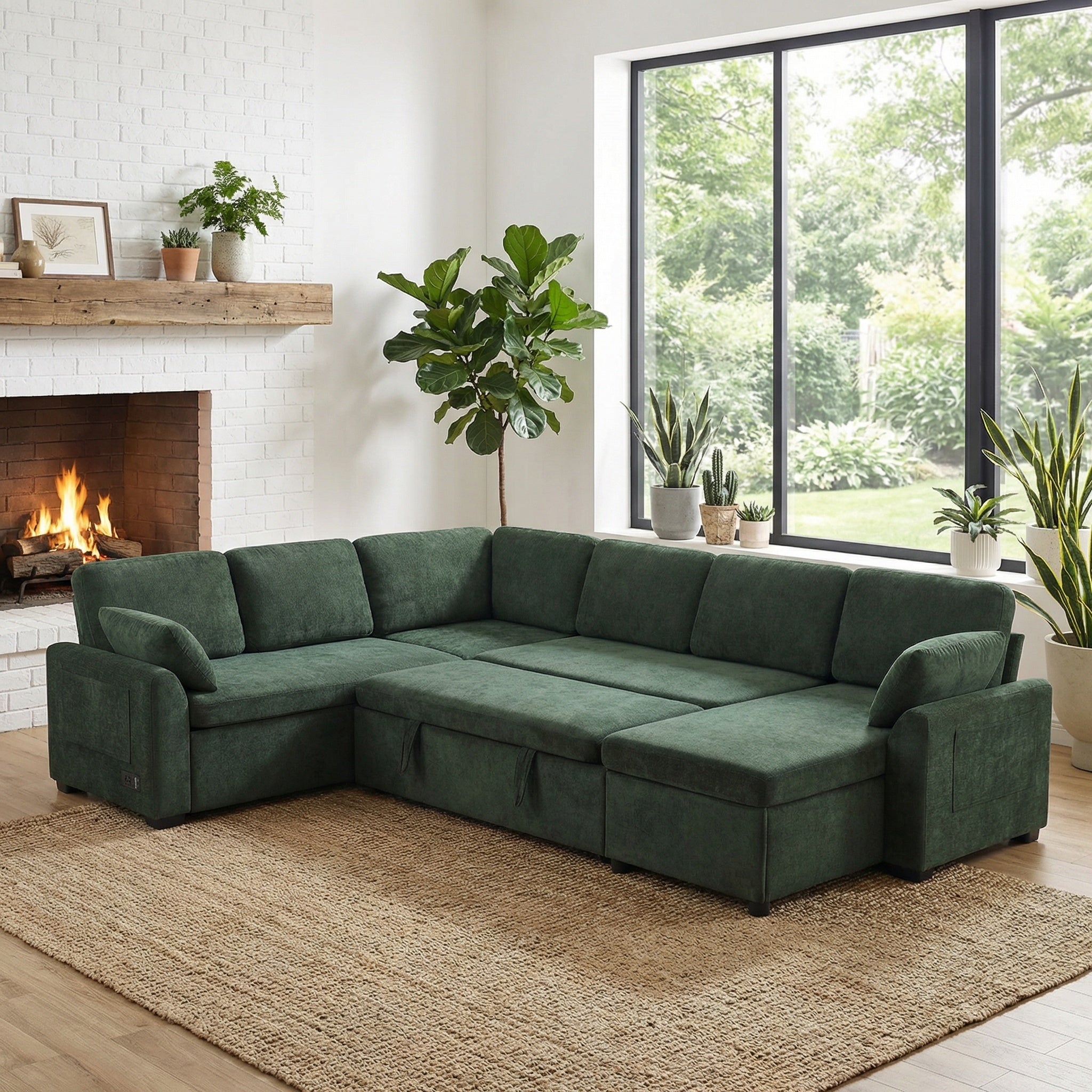 Green Chenille Convertible U-Shaped Sectional Sofa Bed with Reversible Chaise Lounge, Storage Pockets, and Built-in Outlets Secondary image