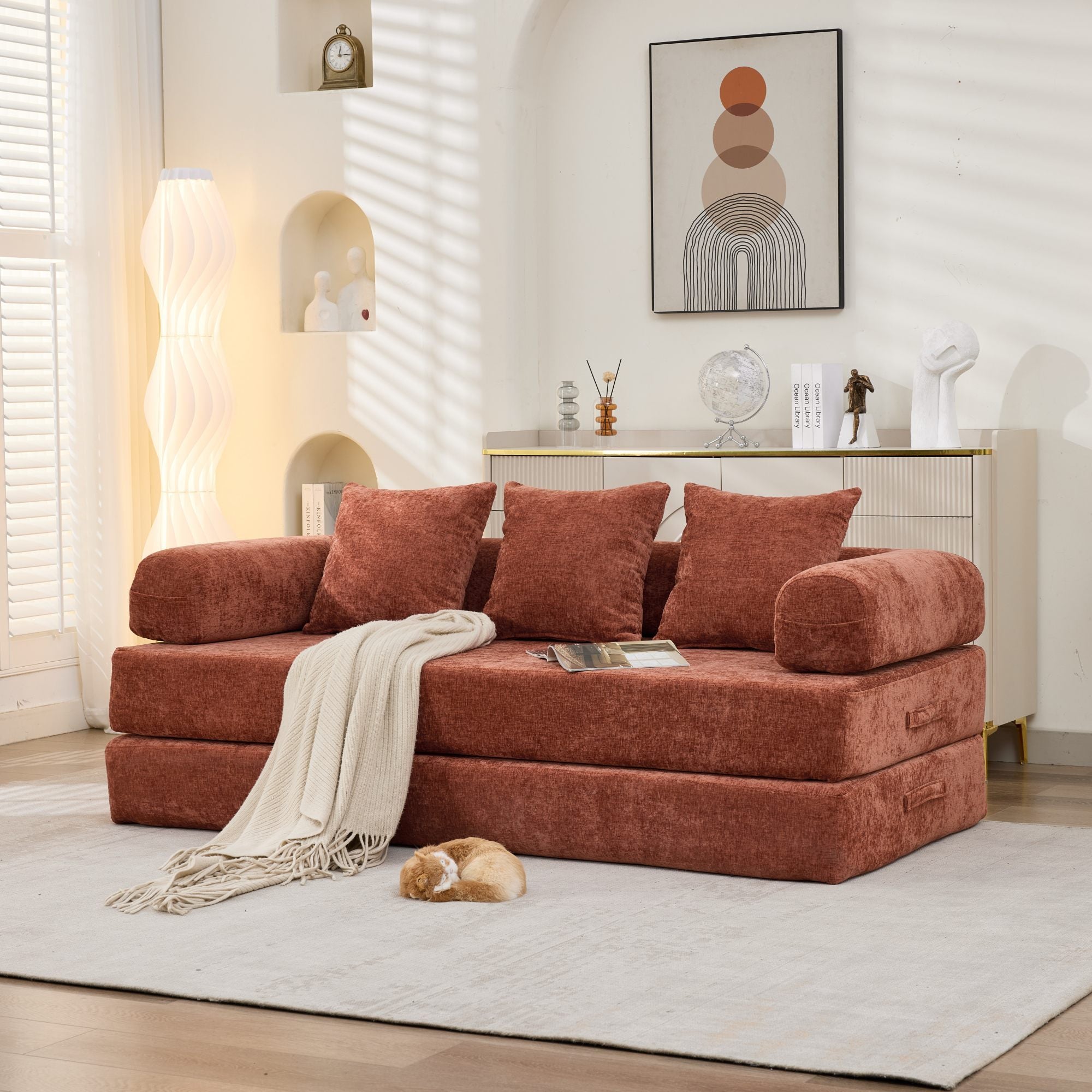 Comfy Convertible Folding Mattress Couch, Floor Sofa Bed, Chenille Floor Sofa with Armrest, Floor Sofa Lounge Couch for Living Room Bedroom Lounge Studio-Orange Main image