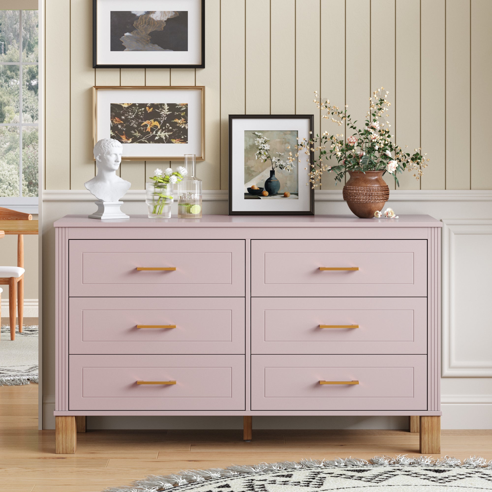 6-Drawer Double Dresser , Modern Storage Cabinet with Metal Handles & Solid Wood Legs, Dresser Drawer Organizer for Kids Bedroom, Heavy-Duty Wooden Dresser with Pre-Installed,Pink Main image