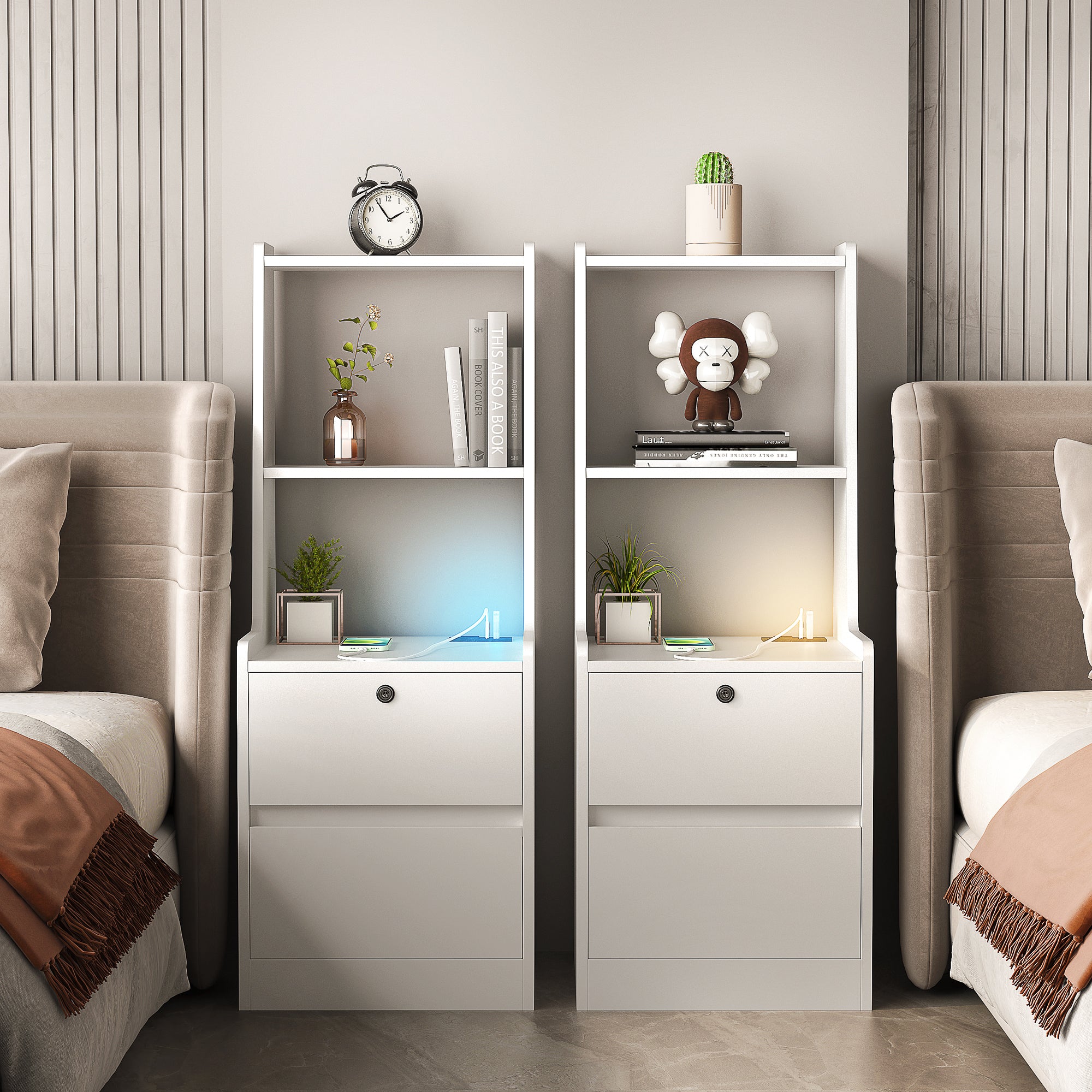 Nightstands Set of 2, with Charging Station, Smart Nightstand with Night Light, Modern Night Stand with Bookshelf, Bedside Tables with Storage Cabinet for Bedroom,White Main image