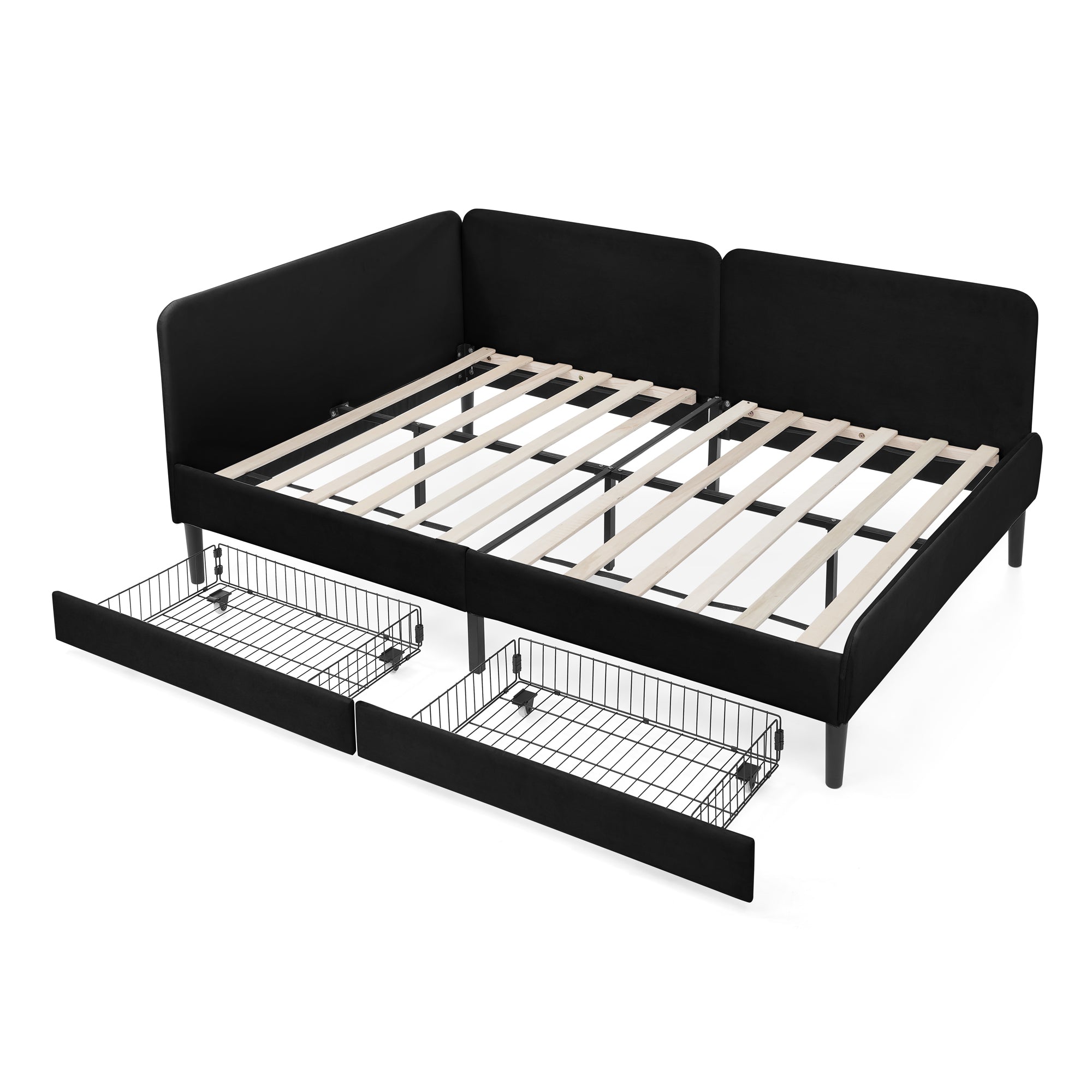 Black Velvet Upholstered Platform Bed Frame with 2 Storage Drawers and Adjustable Sofa Bed, Full Size Main image
