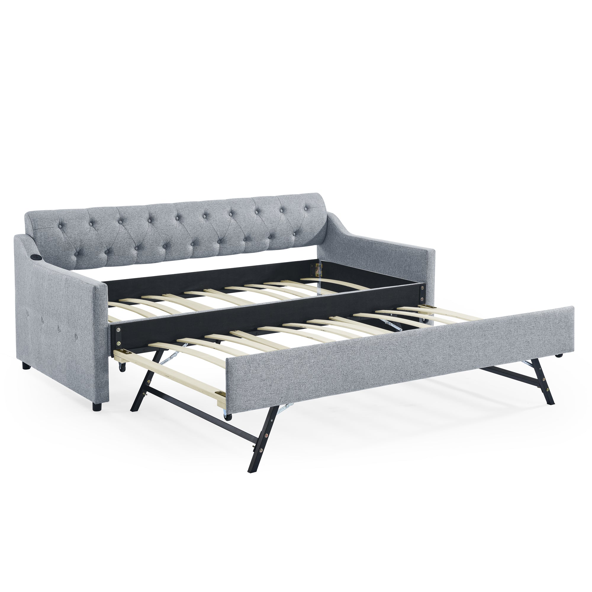 Linen Grey Mid-Century Style Twin Size Upholstered Daybed with Trundle and USB Charging Armrest Main image