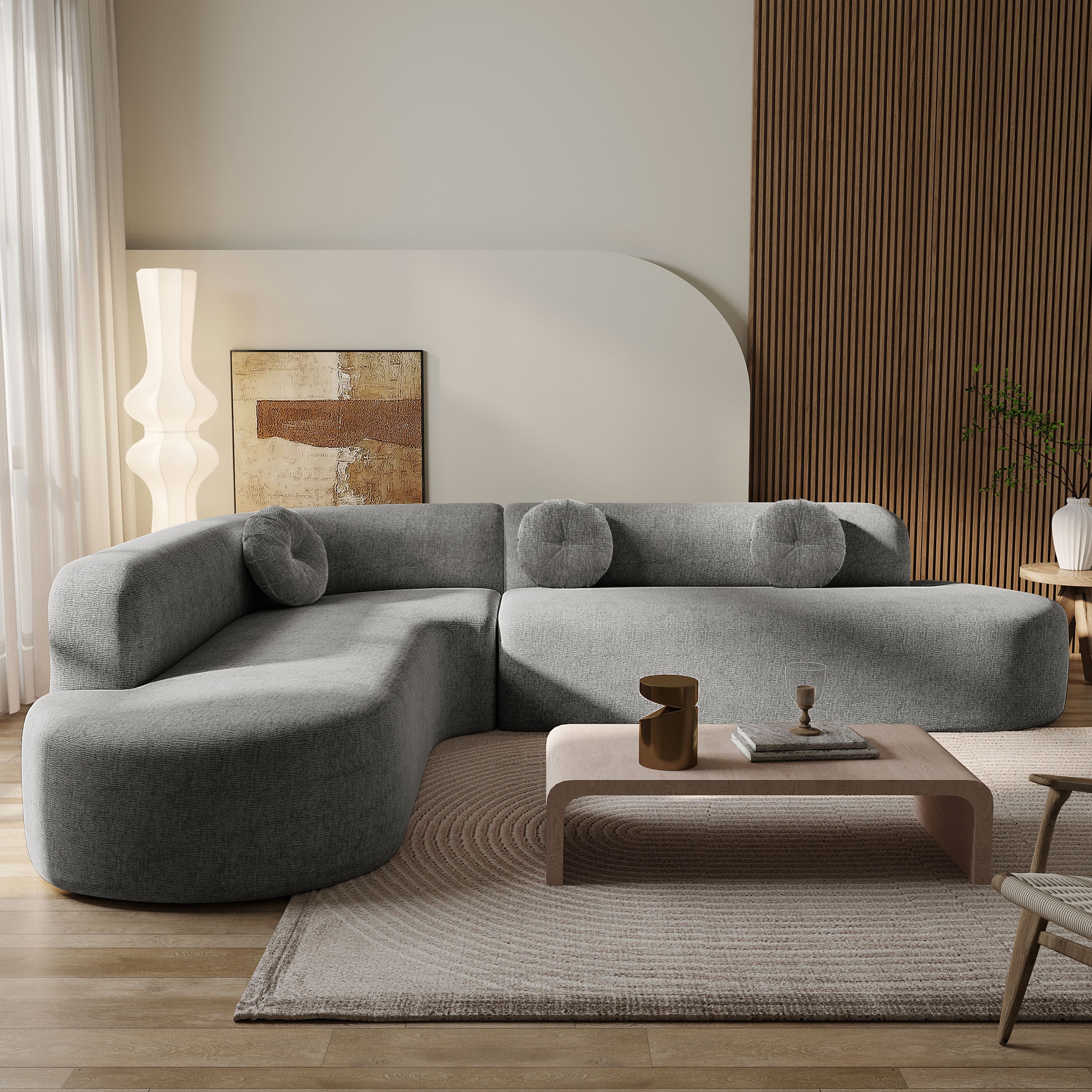 Mirod 122'' Extra Large Sectional Sofa Soft Fabric Upholstery, Elegant Curved Design with Three Round Cushions , High-Resilience Foam for Ultimate Comfort Secondary image