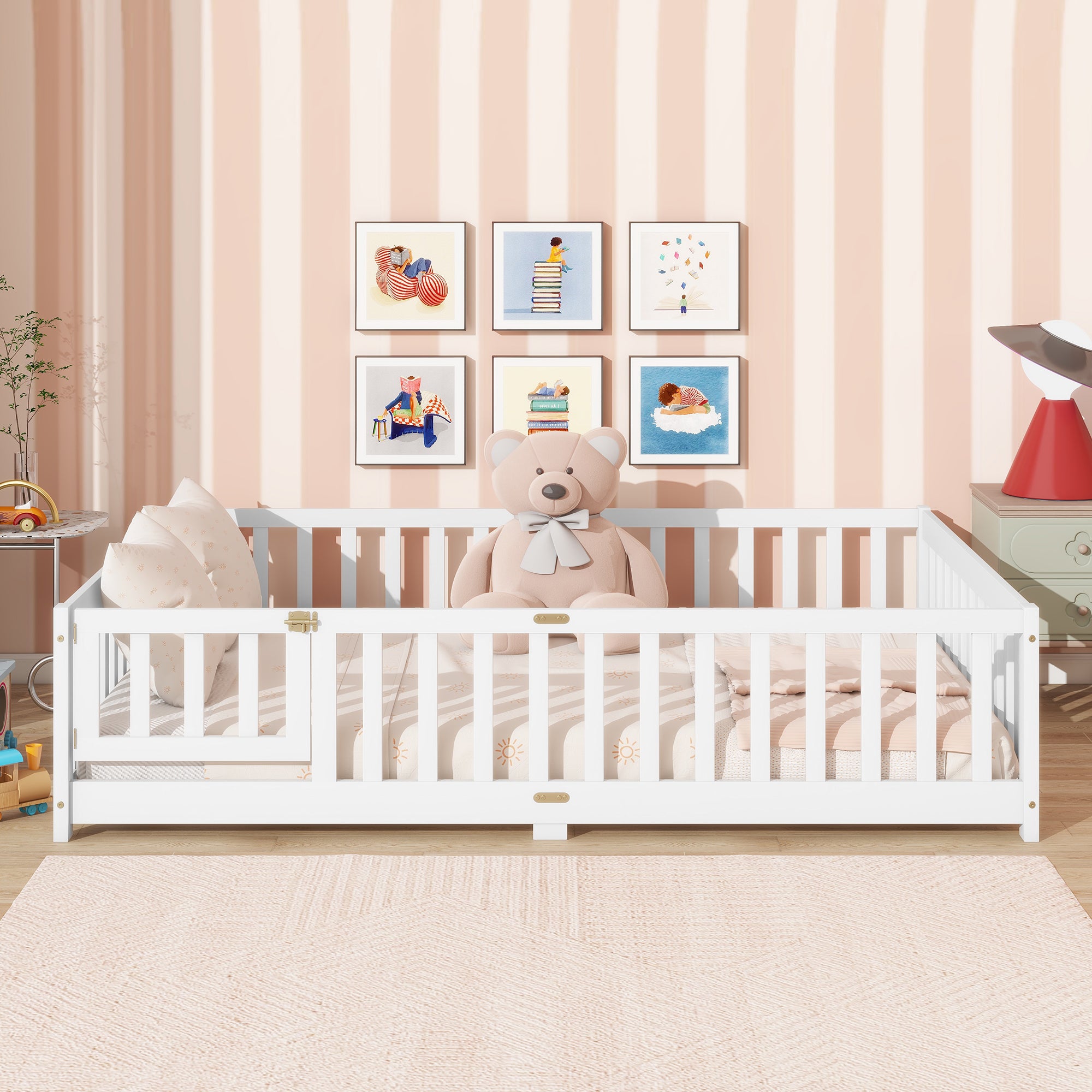 Full Size Floor Bed with Fence and Door,Rubber Wood Floor Bed with Safety Guardrails,White Secondary image