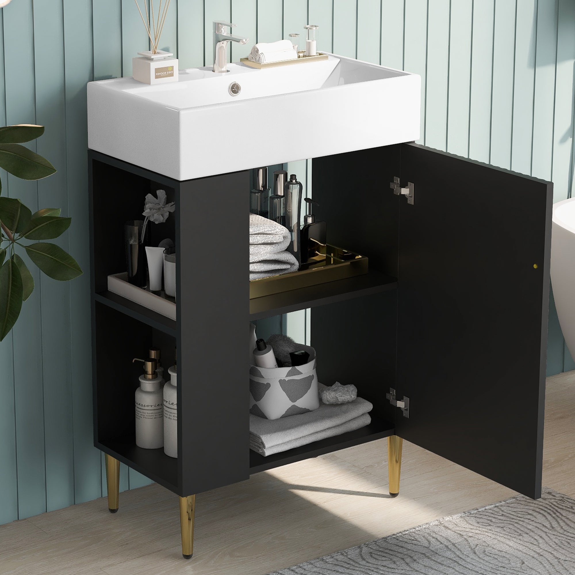 21.6' Black Modern Bathroom Vanity with Ceramic Sink, Left Side Storage, MDF Cabinet, Gold Metal Legs, Rectangular Design Secondary image