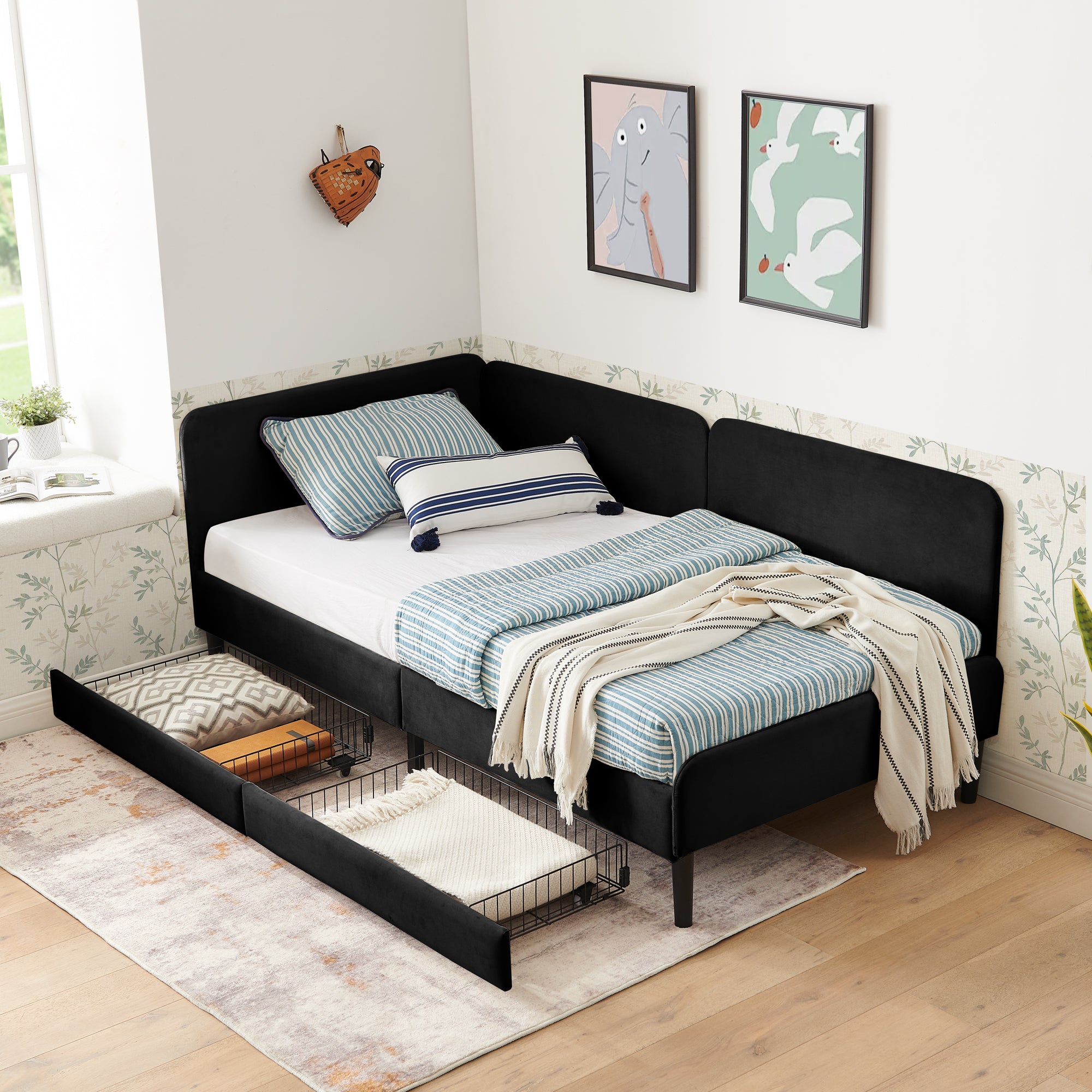 Black Velvet Twin Upholstered Platform Bed Frame with 2 Storage Drawers and Adjustable Sofa Bed Secondary image