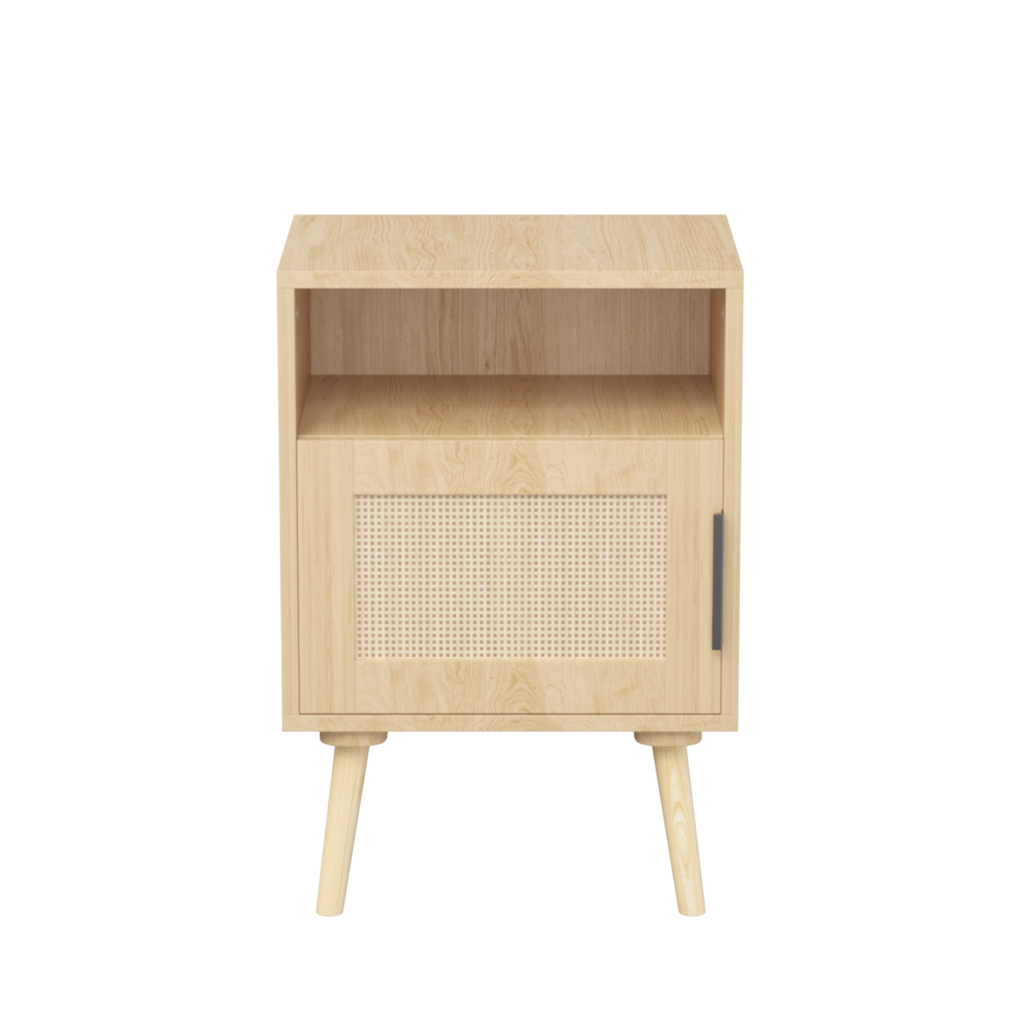 Oak Finish Rattan Nightstand with Solid Wood Legs, 22.83'' H Side Table with Door and Open Shelf for Bedroom, Dorm, and Small Spaces Main image