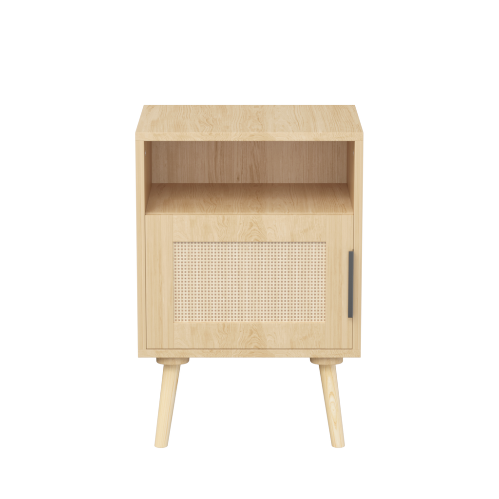 Oak Finish Rattan Nightstand with Solid Wood Legs, 22.83'' H Side Table with Door and Open Shelf for Bedroom, Dorm, and Small Spaces