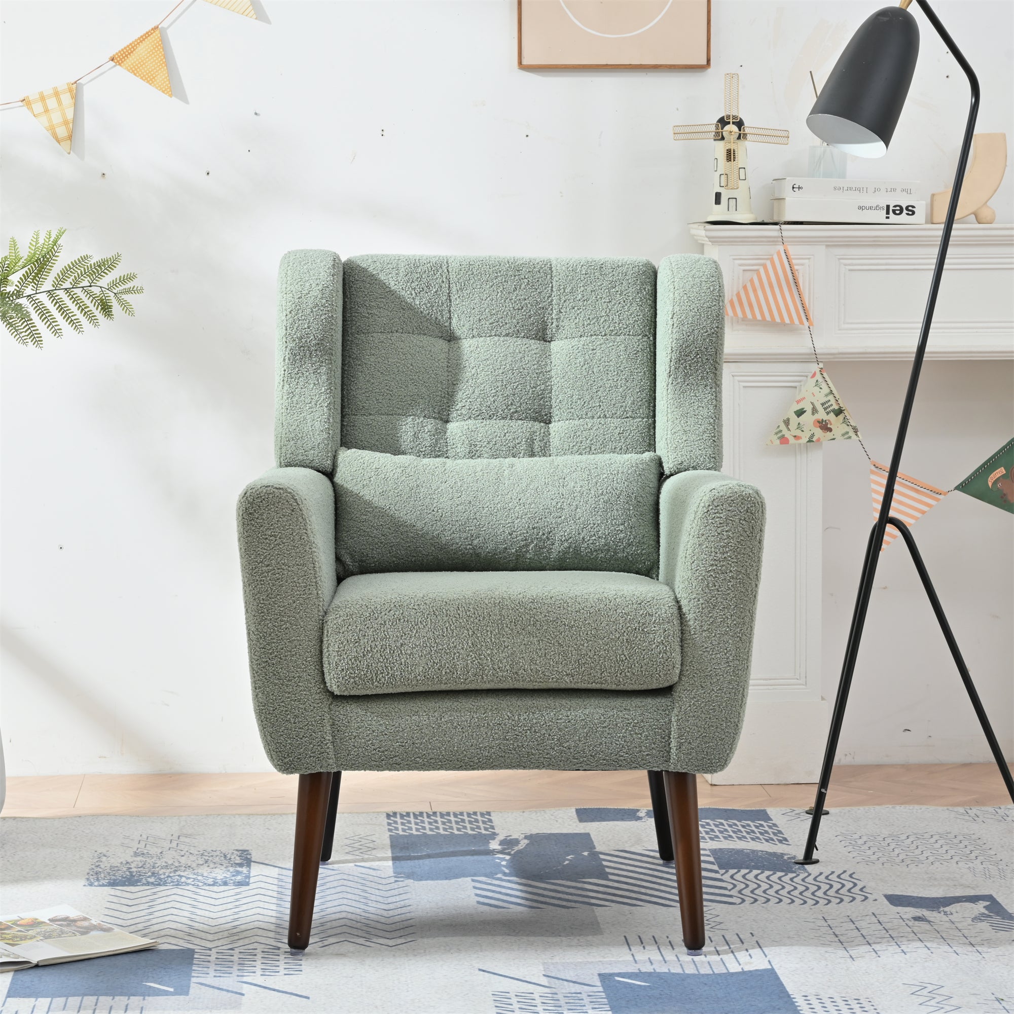 Modern Accent Chair,Teddy Fabric Living Room Chairs Comfy Reading Chair,Mid Century Accent Chair, Lounge Arm Chairs Armchair for Living Room Bedroom (Light Green) Secondary image