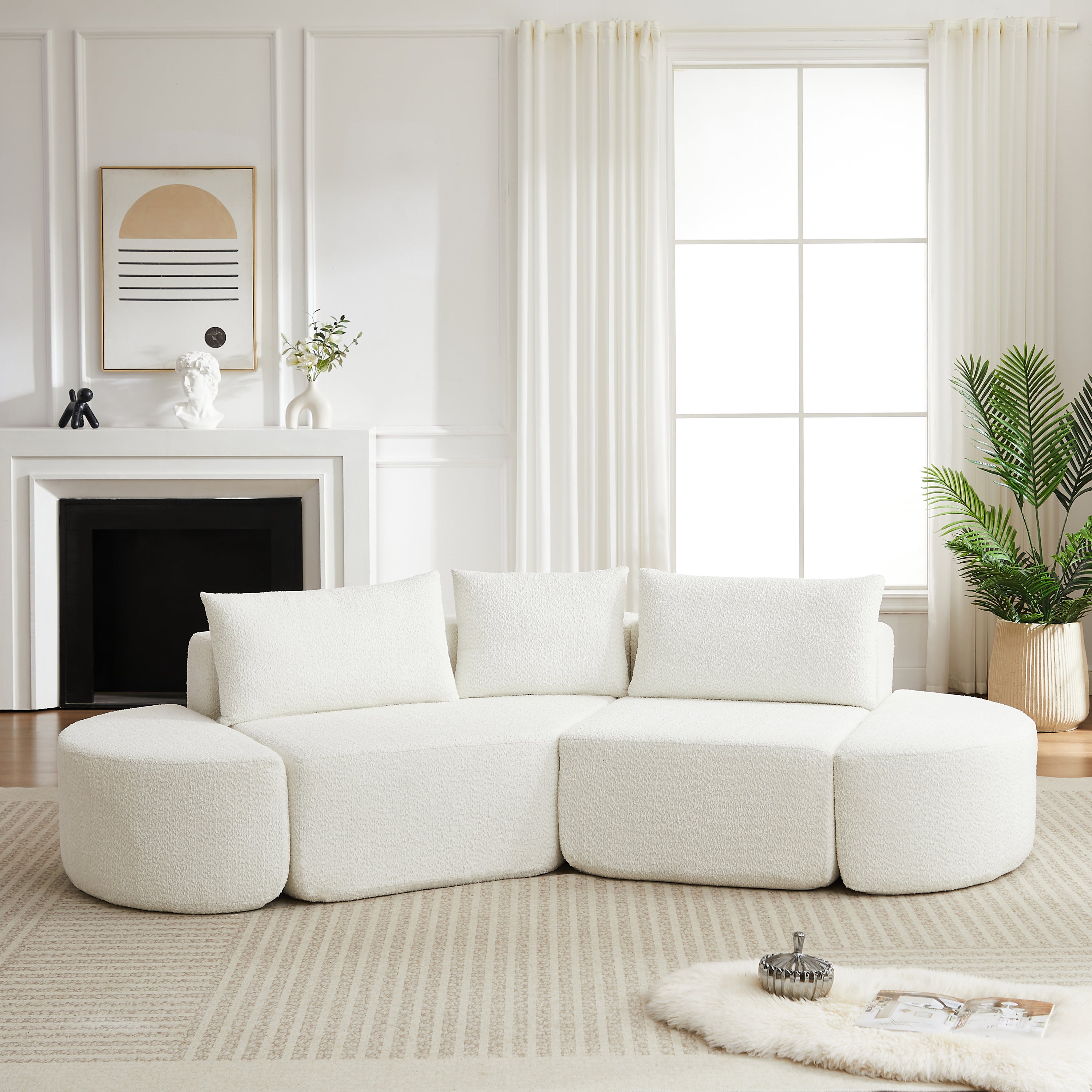 106.3-inch V-shaped modular sofa set in chenille fabric, featuring three throw pillows and two curved ottomans, perfectly suited for living rooms, bedrooms, and offices.beige