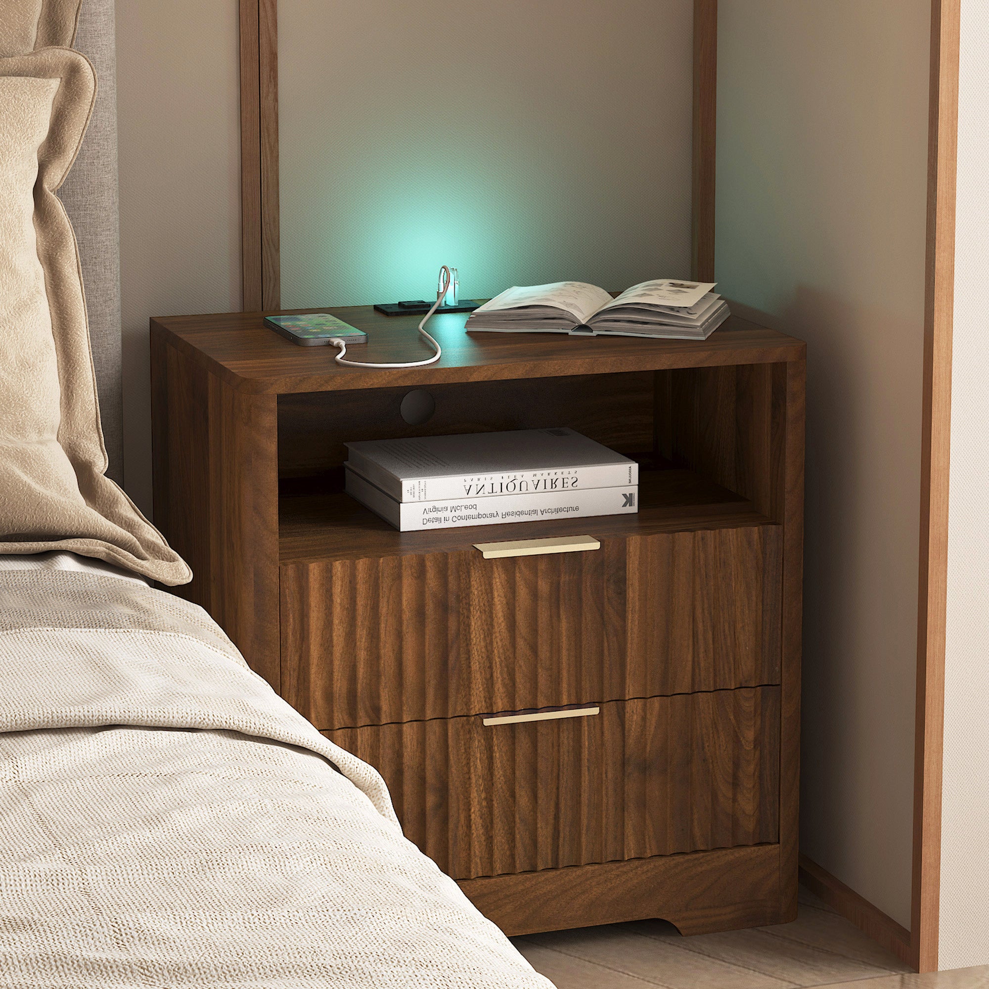 Nightstand with Charging Station, Smart Nightstand with Night Light,Bedside Tables with Storage Cabinet for Bedroom, Wood Main image