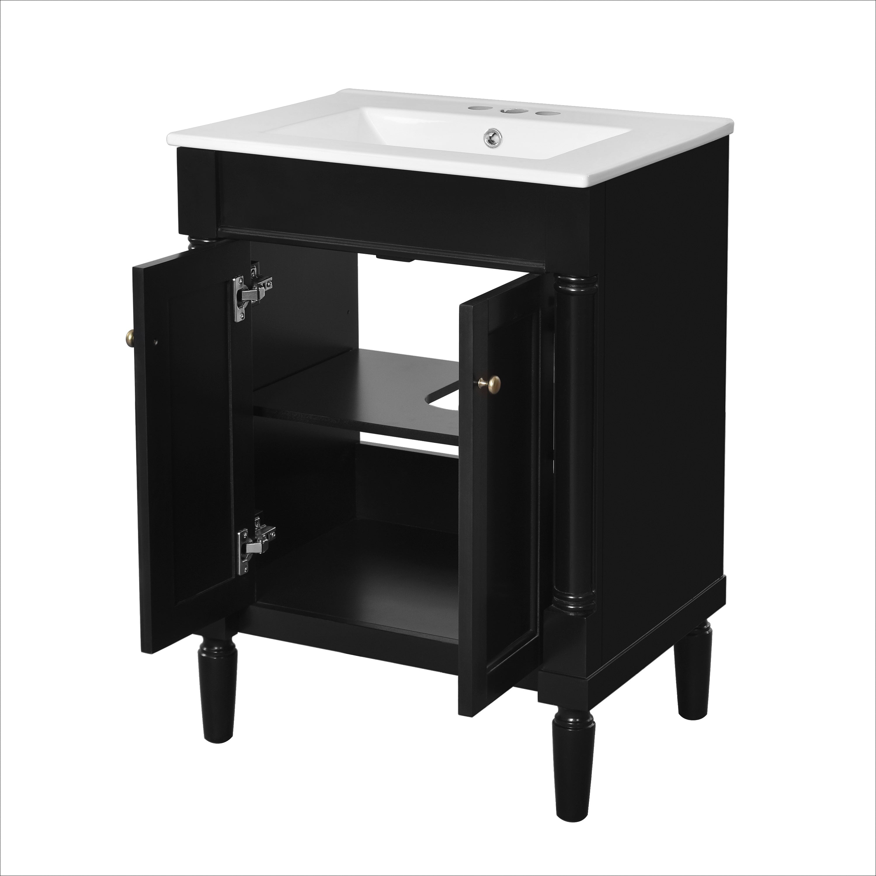 Modern Black Bathroom Vanity with Top Sink, 2-Tier Storage Cabinet, Ceramic Basin, Solid Wood Frame, 24'' Main image
