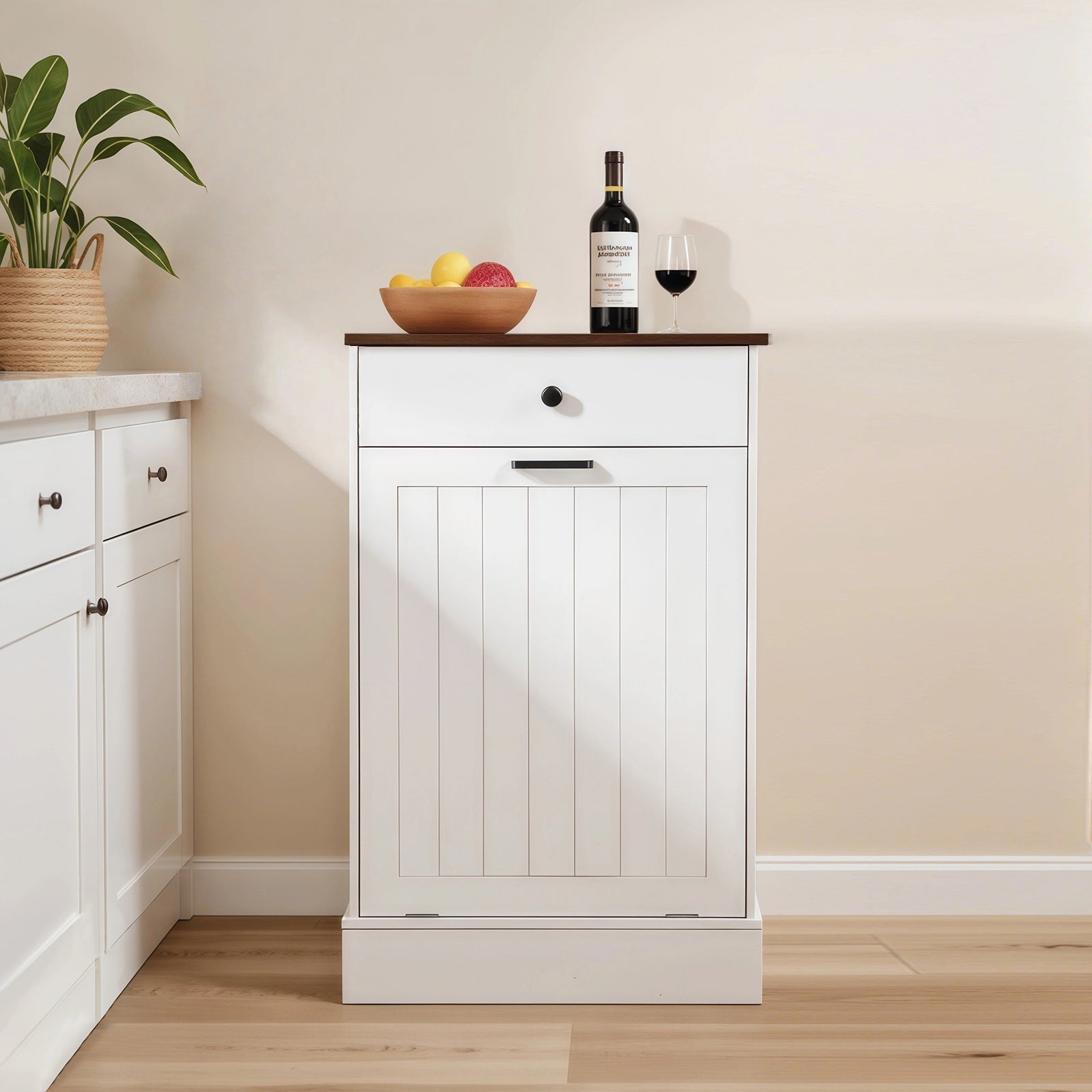 Tilt Out Trash Cabinet with Drawer, 10 Gallon Farmhouse Hamper for Kitchen & Living Room, White MDF Secondary image