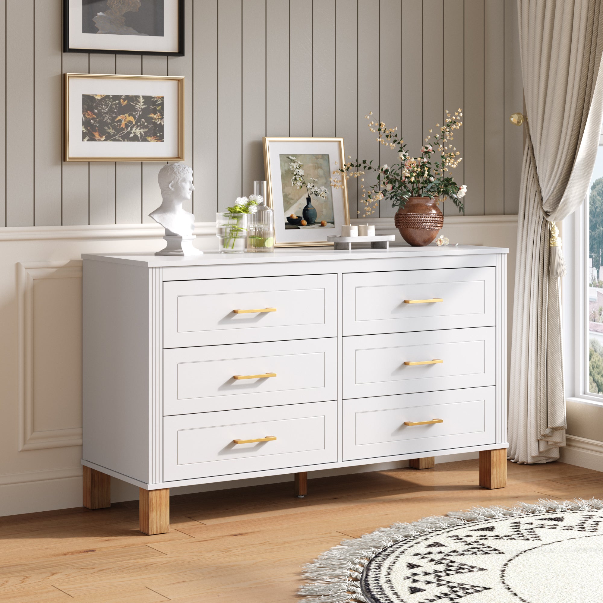 6-Drawer Double Dresser in White, Modern Storage Cabinet with Metal Handles & Solid Wood Legs, Dresser Drawer Organizer for Kids Bedroom, Heavy-Duty Wooden Dresser with Pre-Installed Secondary image