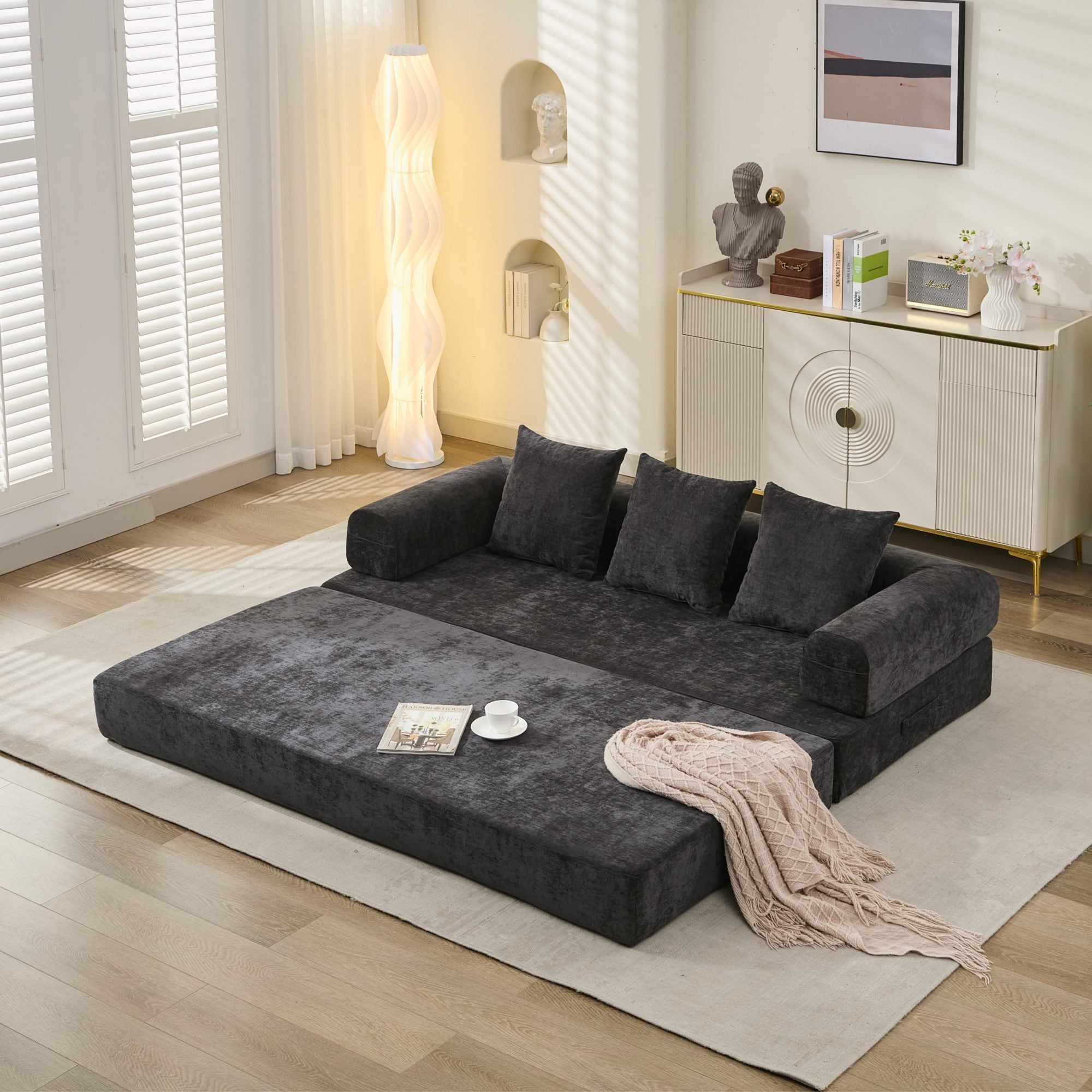 Comfy Convertible Folding Mattress Couch, Floor Sofa Bed, Chenille Floor Sofa with Armrest, Floor Sofa Lounge Couch for Living Room Bedroom Lounge Studio-Black Main image
