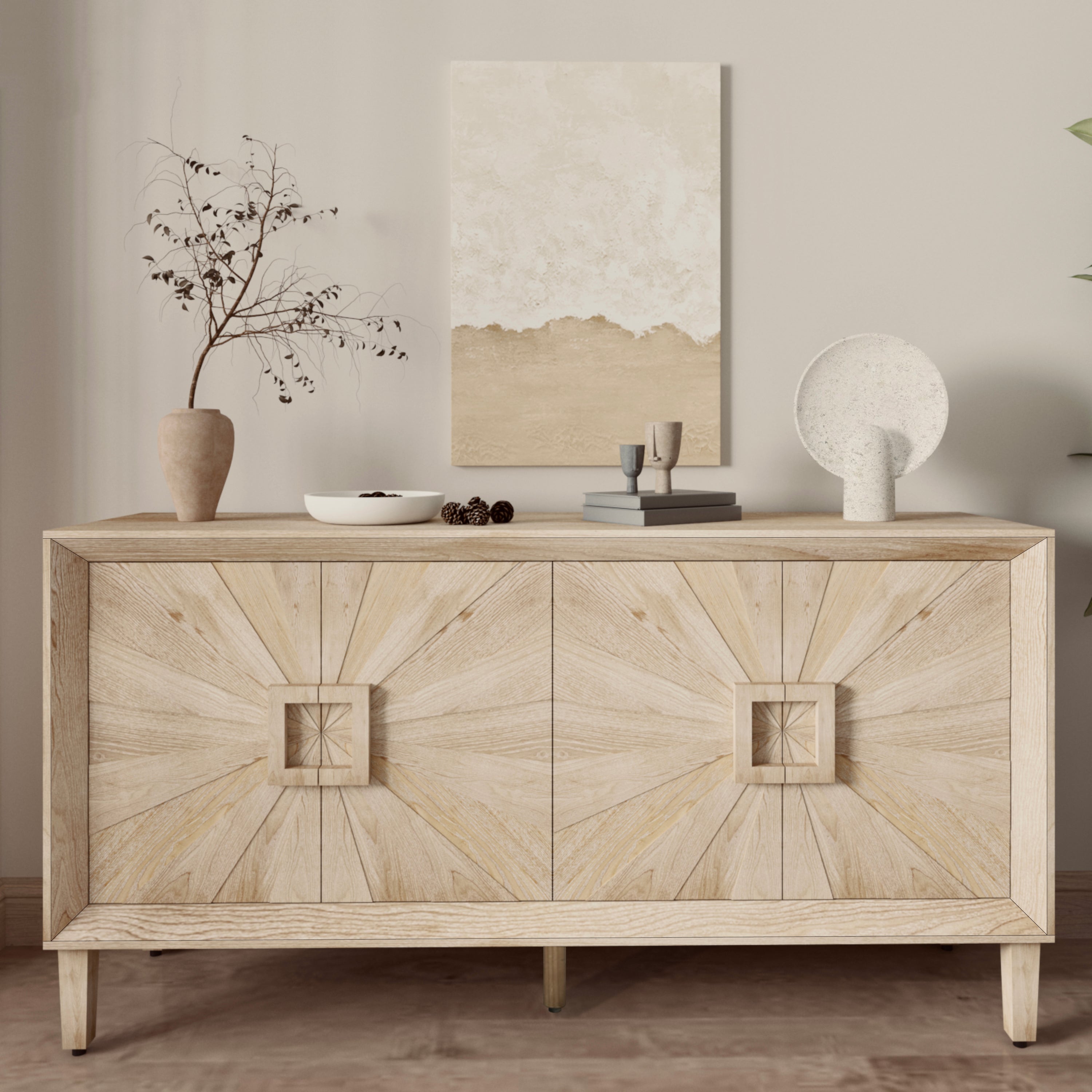 60'' Premium Rustic American Farmhouse Credenza - Symmetrical Sunburst Door Design, Heavy-Duty Antique Wood TV Stand with Adjustable Shelves, Storage Cabinet for Living Room/Kitchen (Antique Natural) Main image
