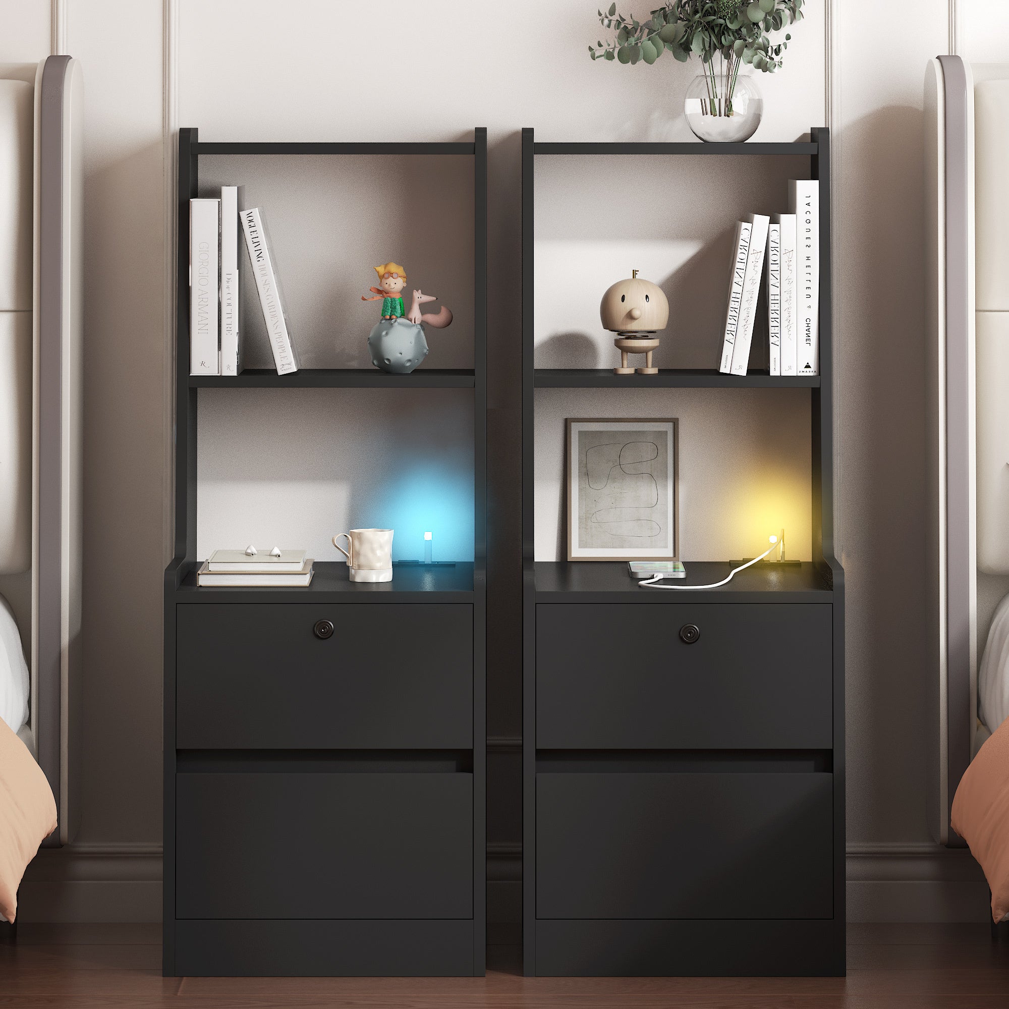 Nightstands Set of 2, with Charging Station, Smart Nightstand with Night Light, Modern Night Stand with Bookshelf, Bedside Tables with Storage Cabinet for Bedroom, Black Main image