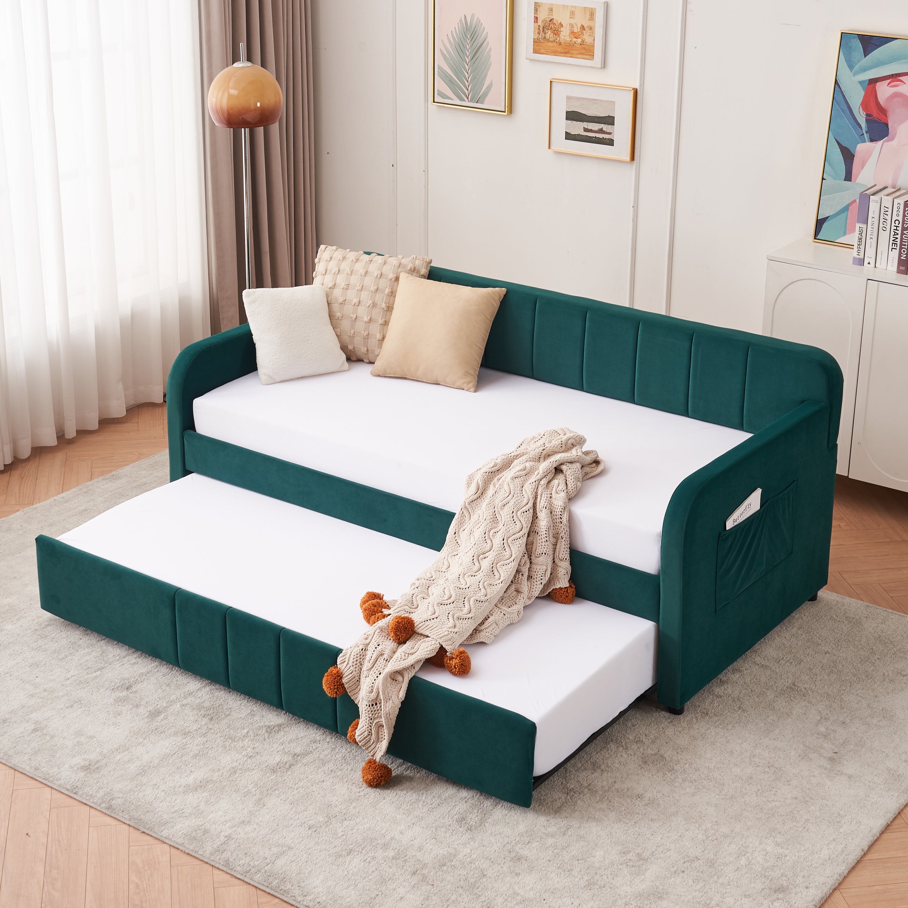 Twin Upholstered Daybed Frame with Trundle, Twin Size Sofa Bed for Bedroom Living Room Guest Room, Wood Slat Support,Emerald Main image