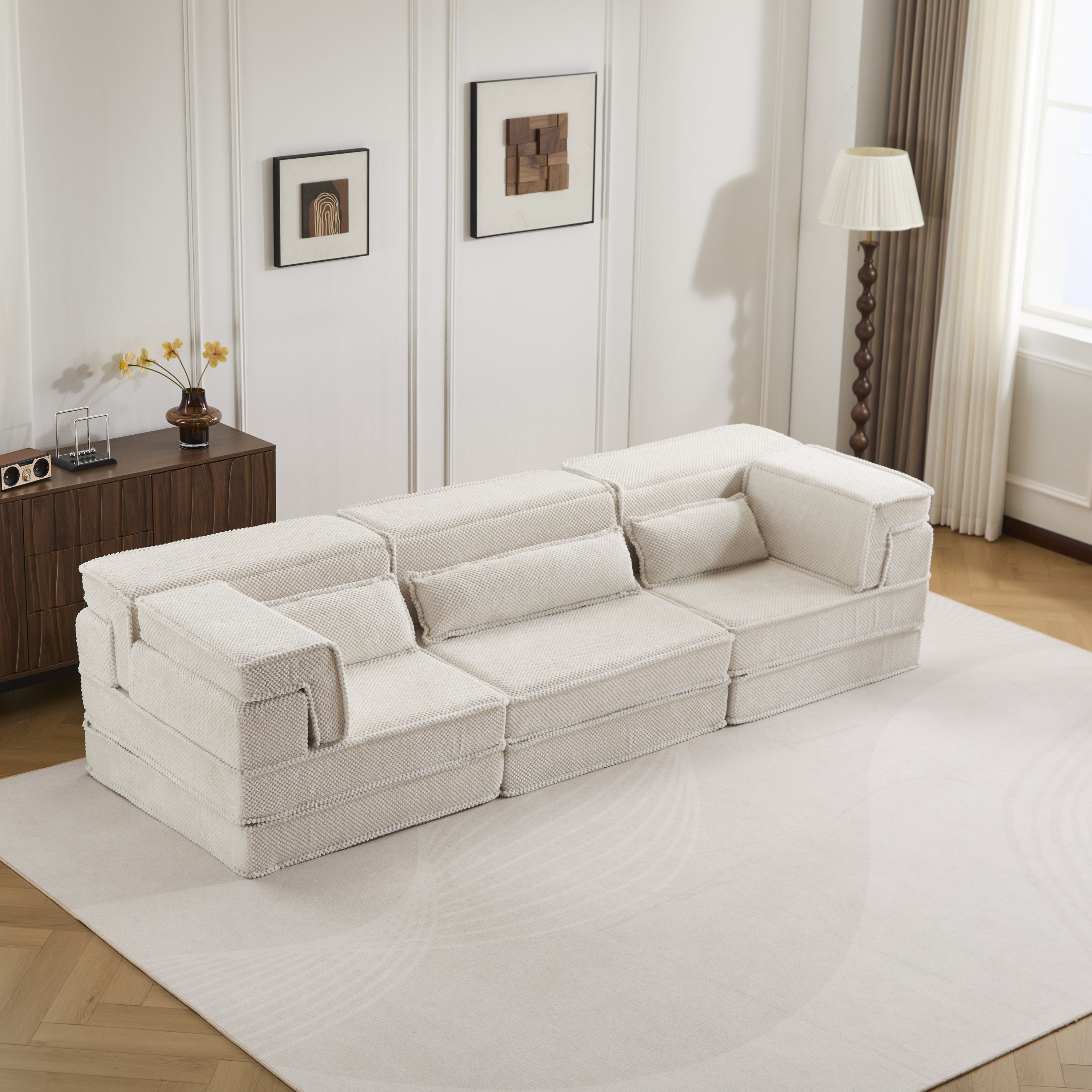 Compression Mahjong Sofa,Convertible Floor Sofa Bed,DIY Boneless Modular Sectional Sofa,No Assembly Required,Circle fleece fabric,Oversized 3 Seater with 3 Pillows,White Main image