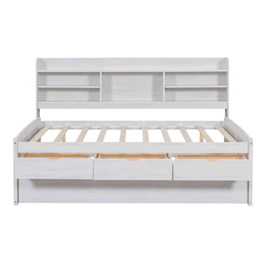 White Wash Full Size Wooden Captain Bed with Built-in Bookshelves, 3 Storage Drawers, and Trundle - Solid Pine Wood + MDF