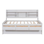 White Wash Full Size Wooden Captain Bed with Built-in Bookshelves, 3 Storage Drawers, and Trundle - Solid Pine Wood + MDF