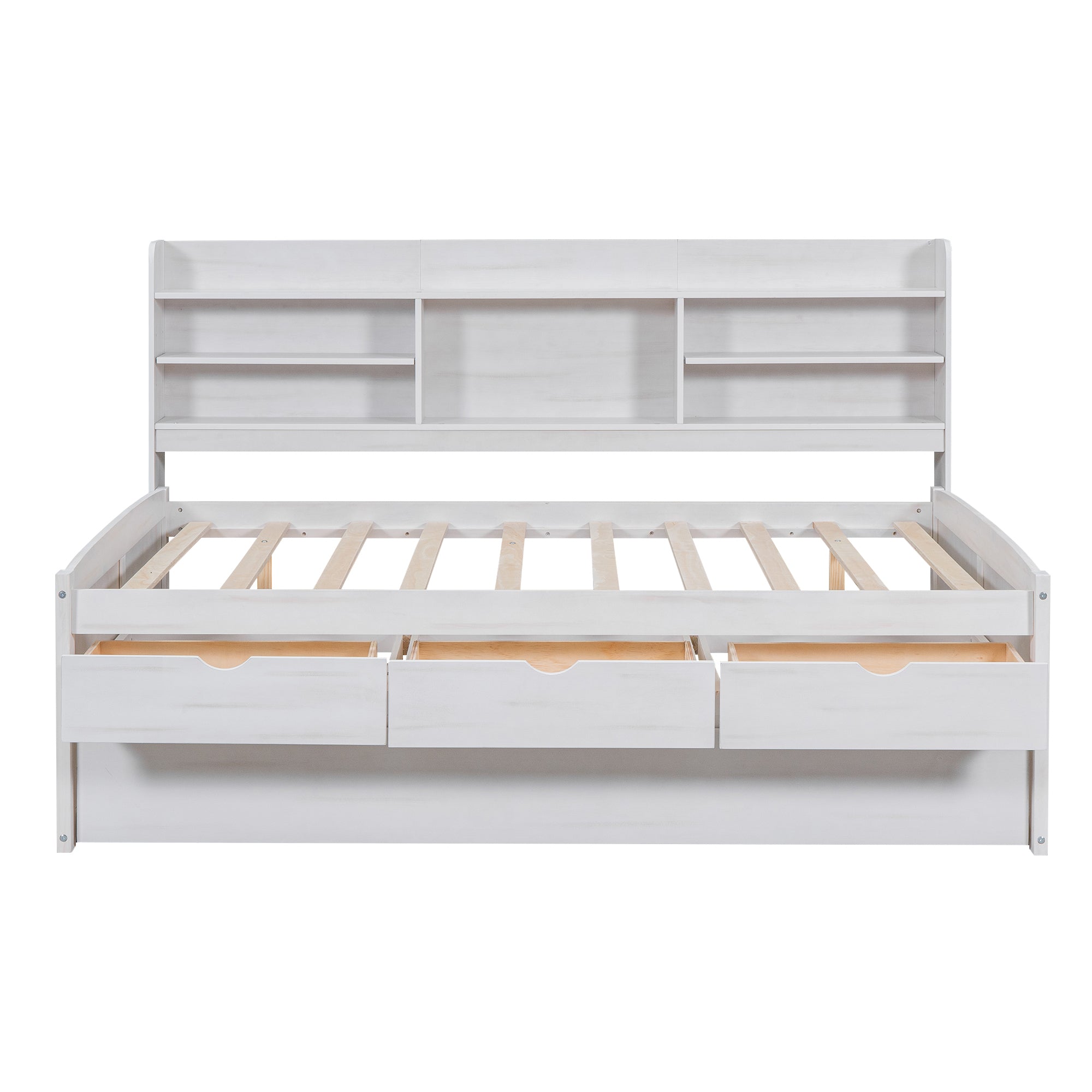 White Wash Full Size Wooden Captain Bed with Built-in Bookshelves, 3 Storage Drawers, and Trundle - Solid Pine Wood + MDF