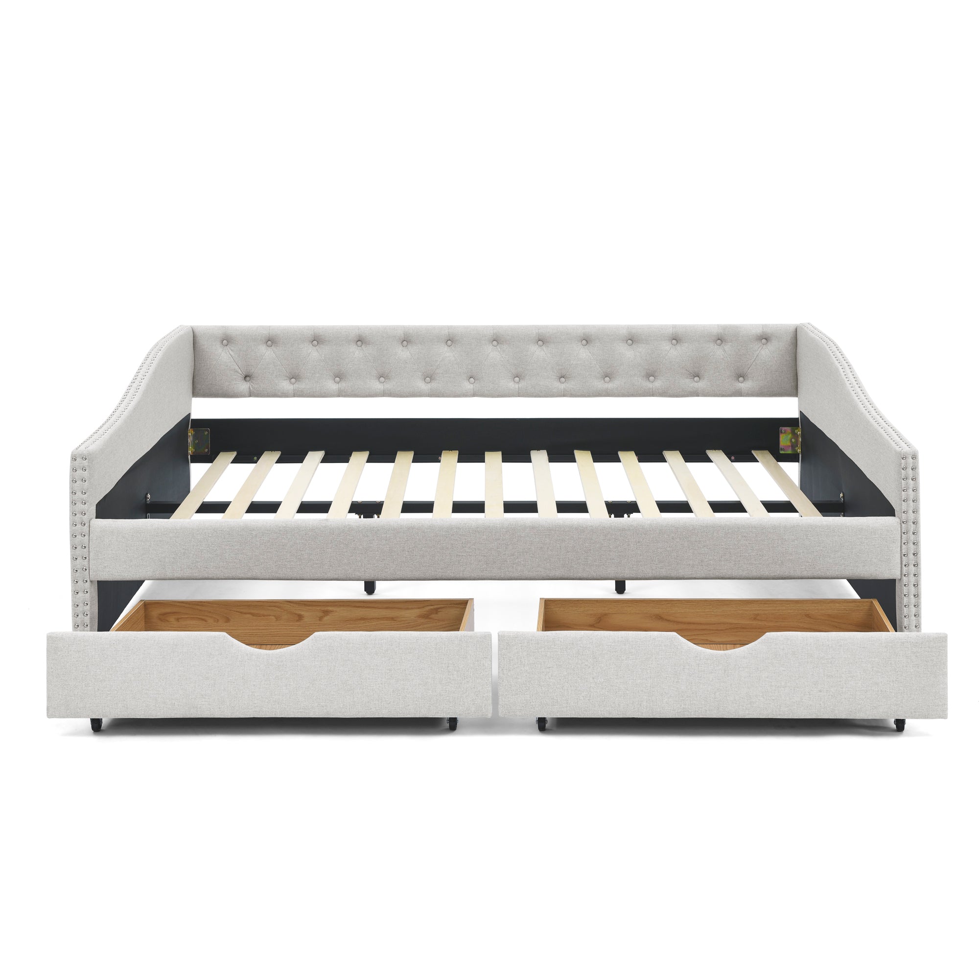 Mid-Century Beige Upholstered Tufted Daybed with Drawers, Copper Nailhead Trim on Waved Arms, Queen Size (84.5''x63.5''x26.5'') Main image
