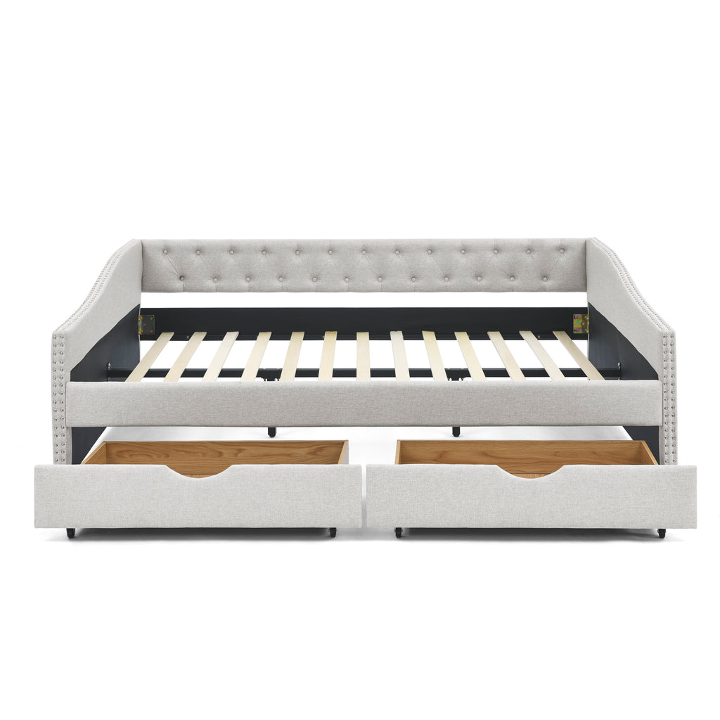 Mid-Century Beige Upholstered Tufted Daybed with Drawers, Copper Nailhead Trim on Waved Arms, Queen Size (84.5''x63.5''x26.5'')