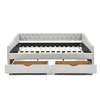 Mid-Century Beige Upholstered Tufted Daybed with Drawers, Copper Nailhead Trim on Waved Arms, Queen Size (84.5''x63.5''x26.5'')