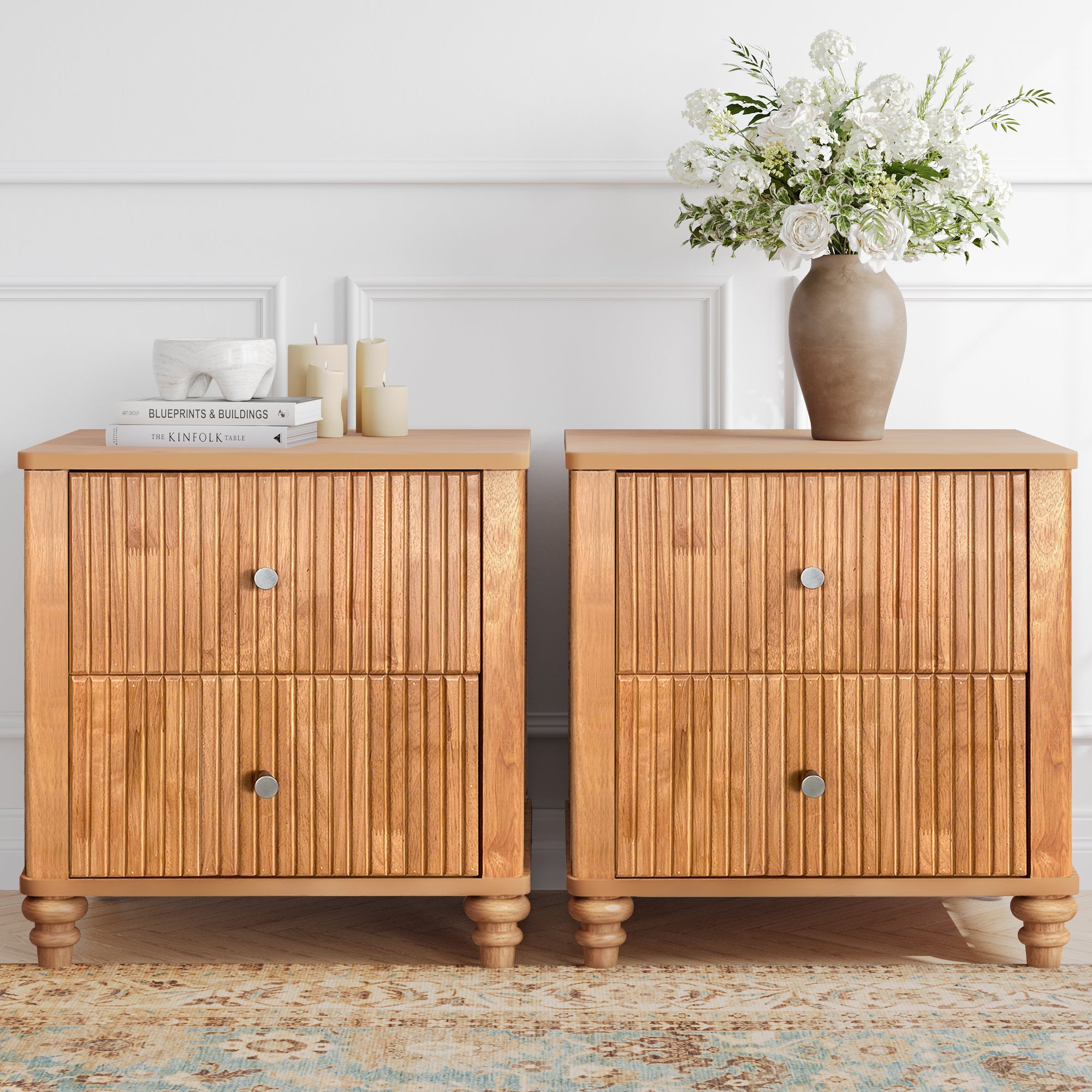 Mid Century Modern Fluted Nightstand with 3 Drawers, 21.65' Wide Wooden Bedside Table for Bedroom, Living Room, Closet, Natural, 2-Piece Set Secondary image
