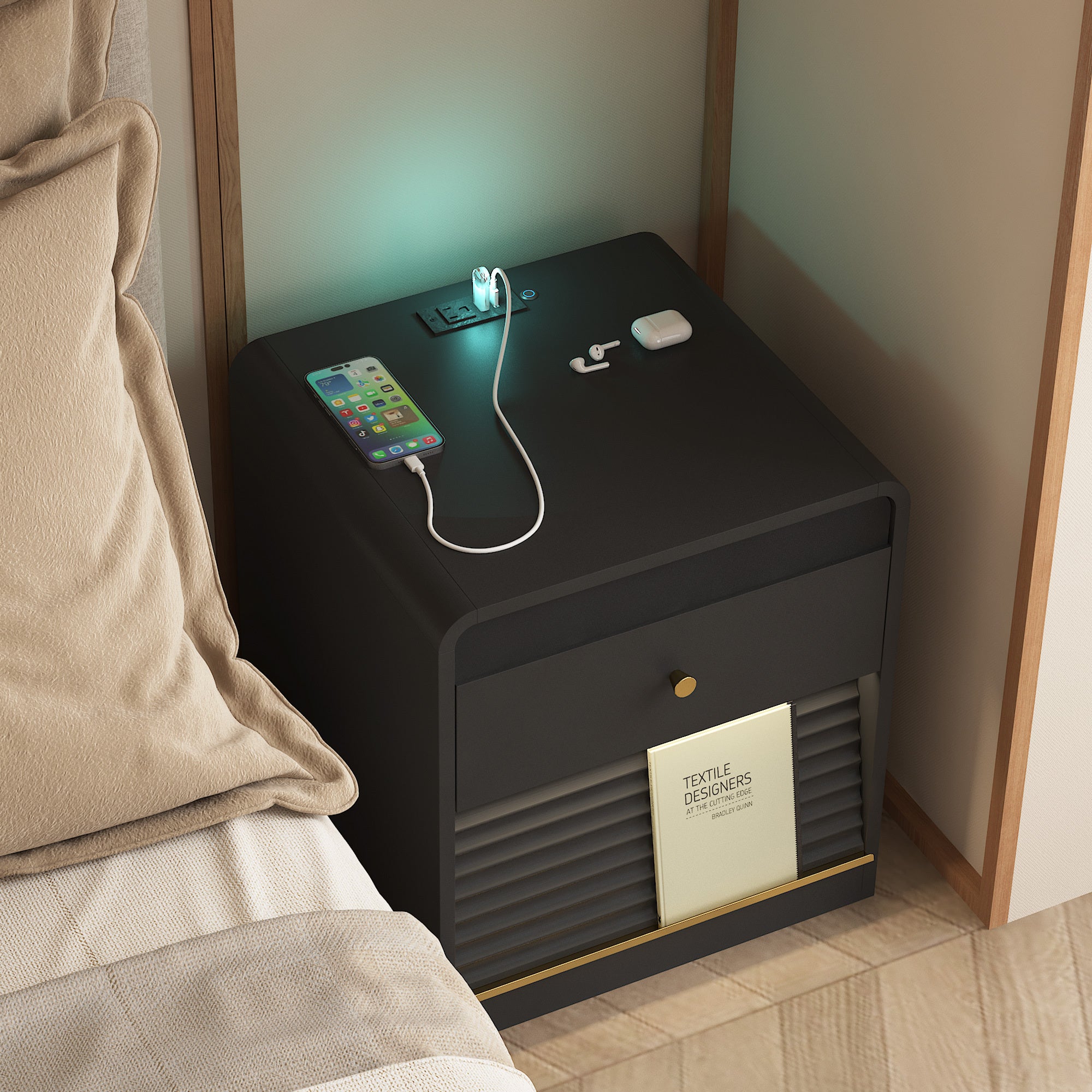Nightstand with Charging Station, Smart Nightstand with Night Light,with Led Lights,Bedside Tables with Storage Cabinet for Bedroom,Black Main image