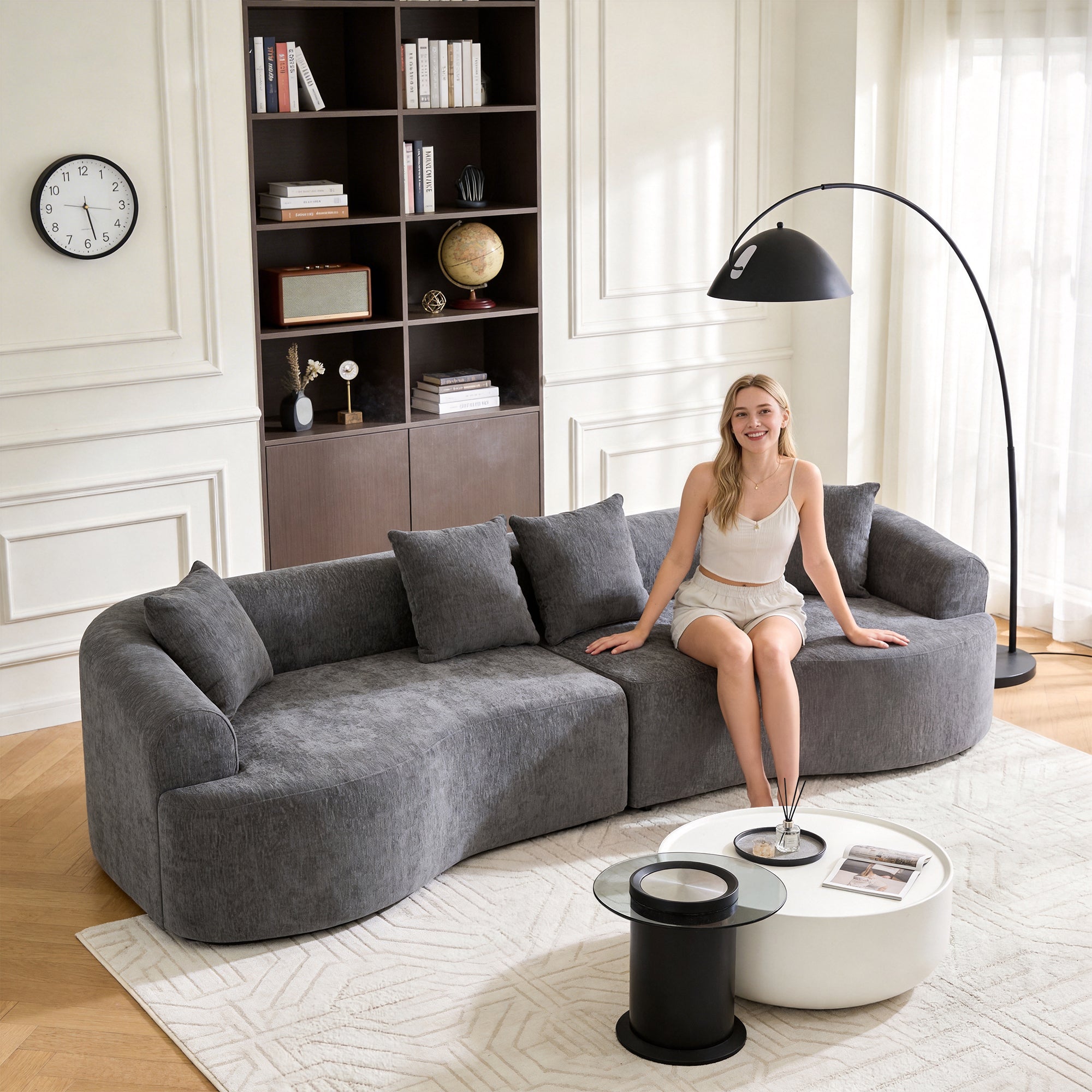 Curved Boneless Sofa,Compression Modular 106'' Sectional,Grey High-Density,Couches Sleeper for Living Room Bedroom Apartment Lounge,Chenille