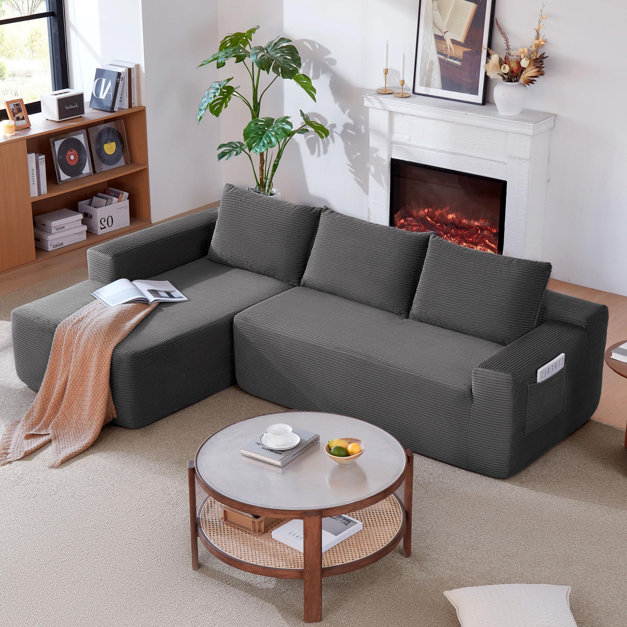 96.9' Cloud Sectional Couch with U-Shaped Chaise,Modern Modular Sofa with Deep Seat, Upholstered Couches for Living Room Bedroom,No Assembly Required,(Plush Corduroy Fabric),Grey-Blue-Left Main image