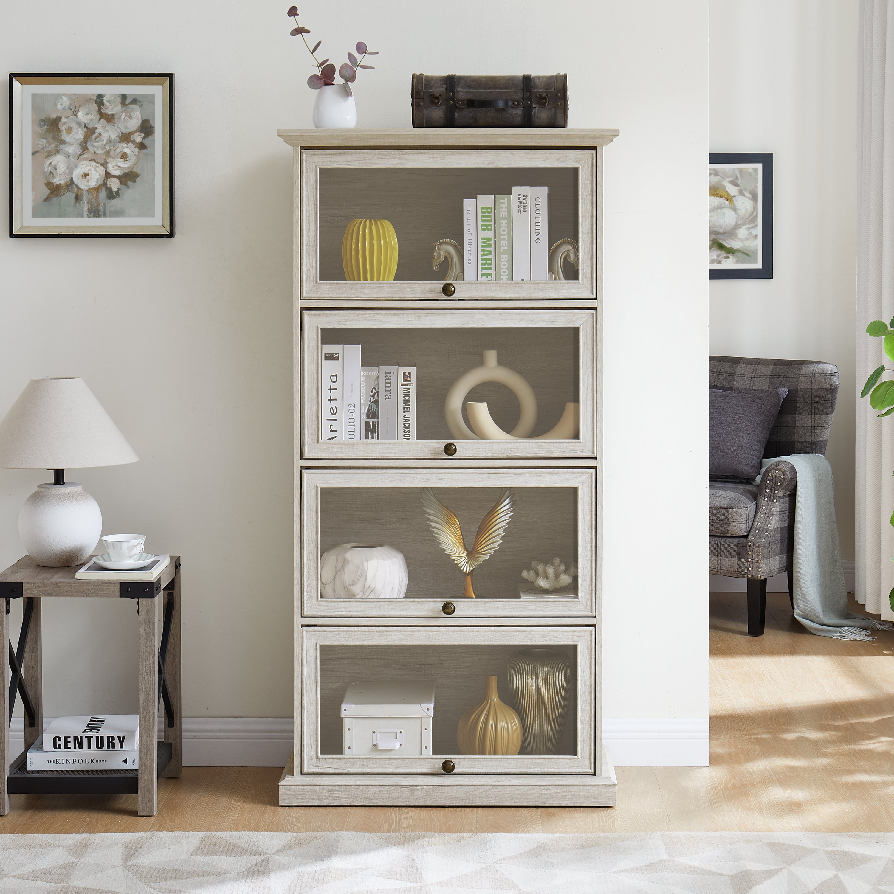 Glass display cabinet 4 Tier Glass Display Cabinet Storage Curio Cabinet with Flip up Glass Doors, Collectors Showcase Toy Figure Organizers Rack, Bookcase for Living Room White