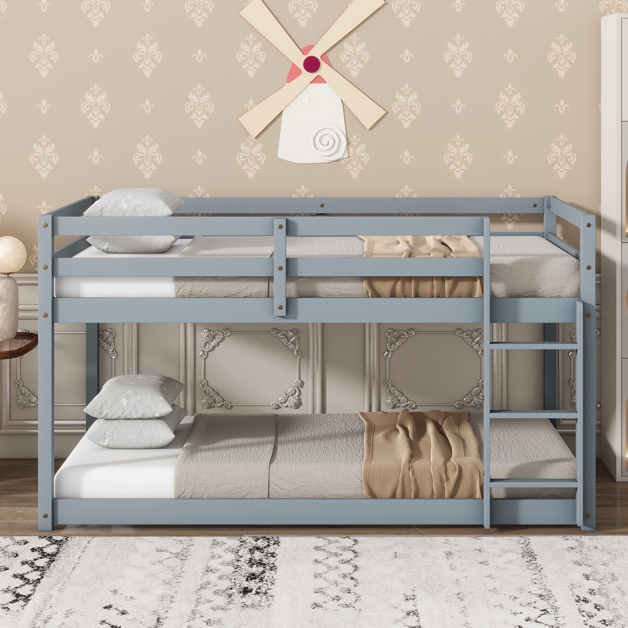 Solid Wooden, Solid Rubber Wooden Twin over Twin Floor Bunk Bed with Ladder, with Bed Platform of Strengthened Slats , Grey Main image