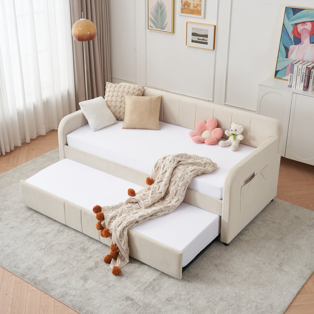 Twin Upholstered Daybed Frame with Trundle, Twin Size Sofa Bed for Bedroom Living Room Guest Room, Wood Slat Support, Beige