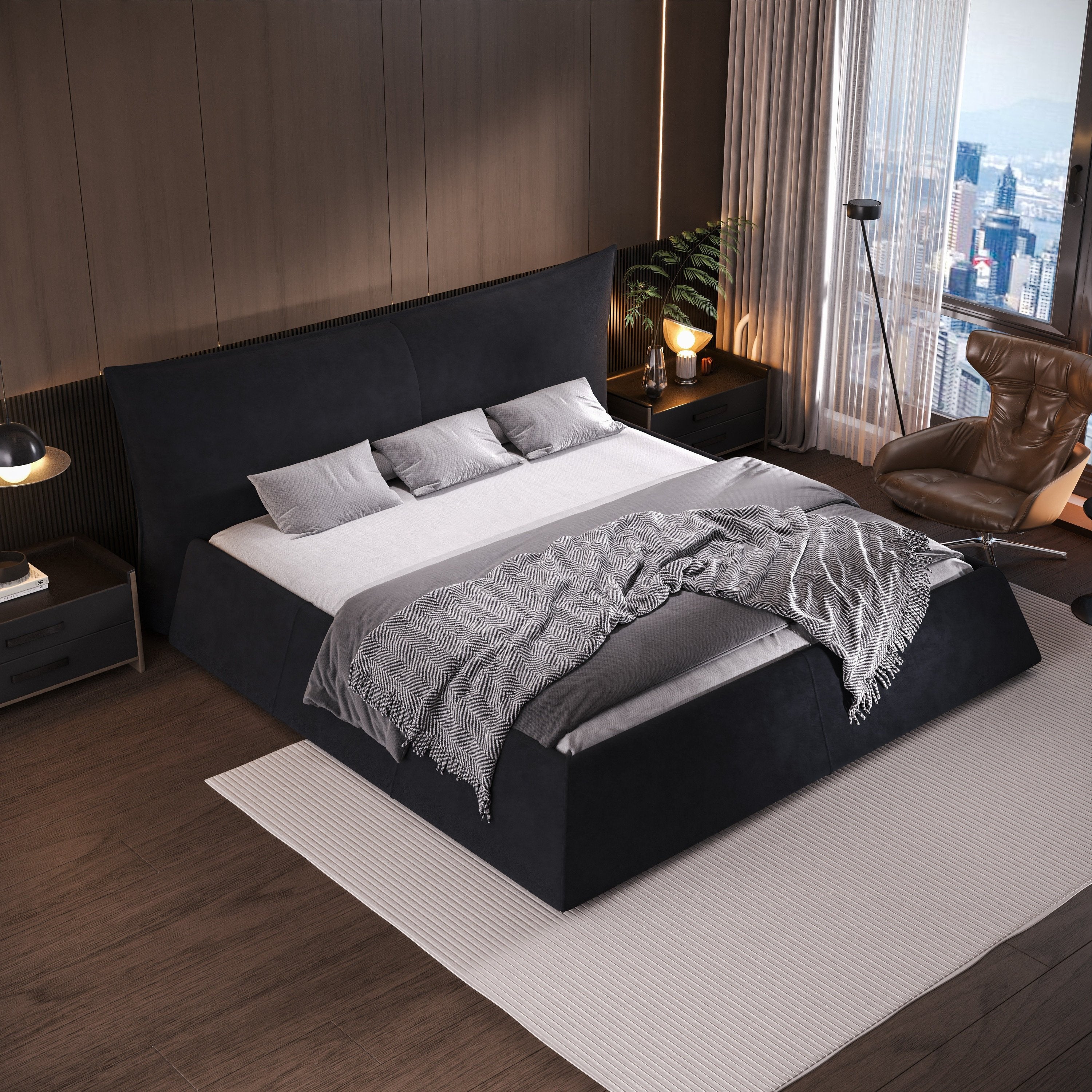 King Size Upholstered Platform Bed with Special Shaped Velvet Headboard, Metal & Solid Wood Frame,Black Secondary image