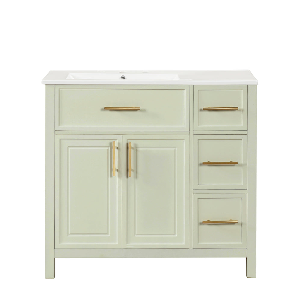 Modern 36' Bathroom Vanity with Sink Top, Solid Wood & MDF Cabinet, White-Green Finish, Two Doors, Three Drawers, Rectangular Design
