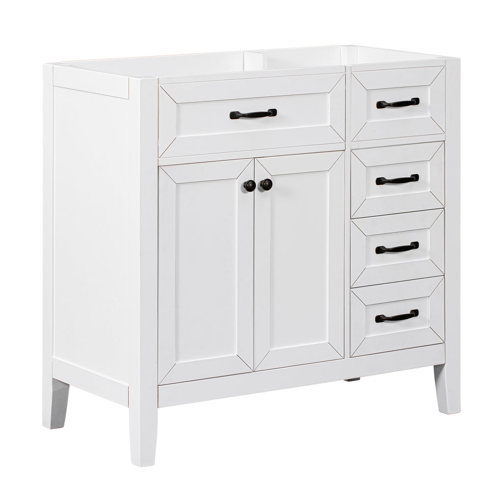 36' Modern Bathroom Vanity Base Only with Drawers, White Painted Solid Rubber Wood & MDF Cabinet, Freestanding Design