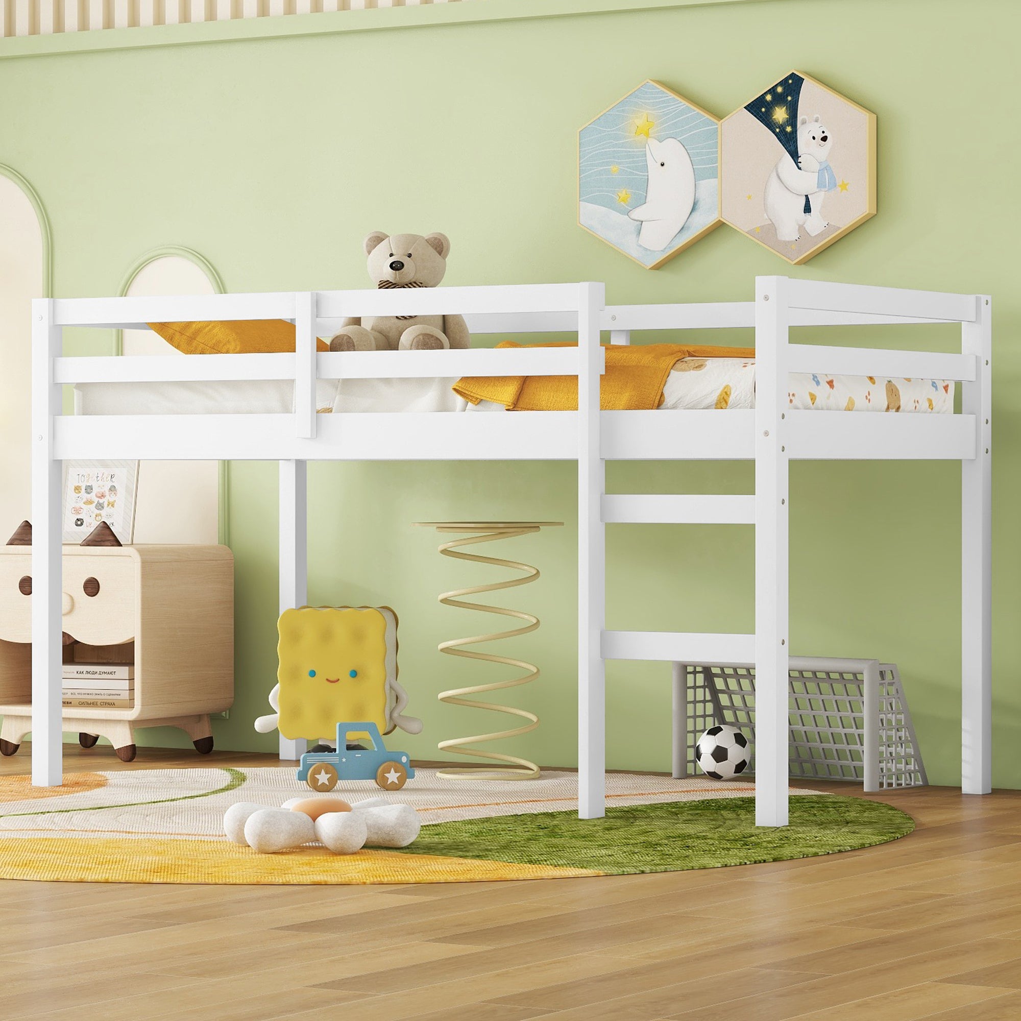 Solid Wooden, Rubber Wooden Twin Loft Bed with Ladder, Bed Platform of Strengthened Slats , White Main image