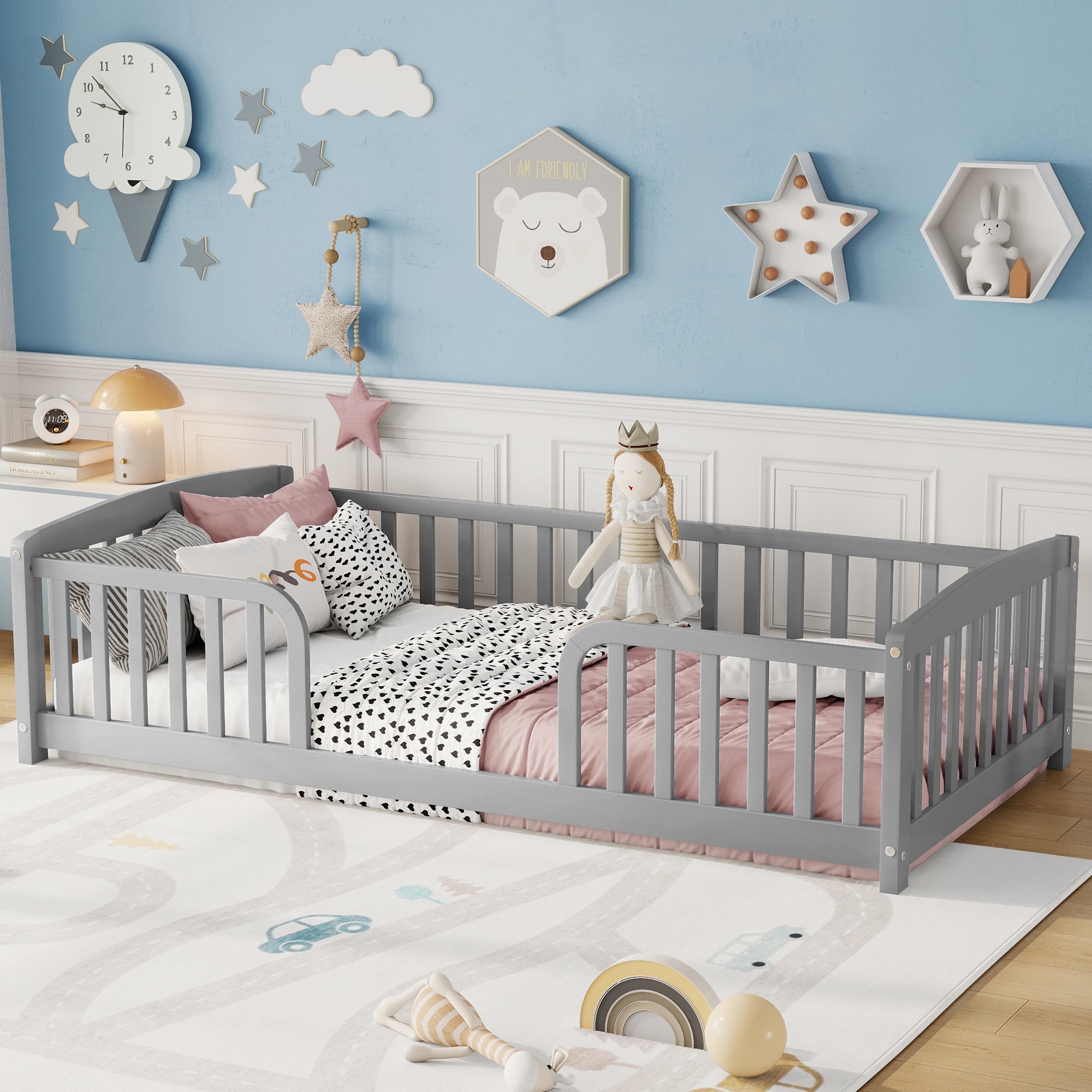 Twin Size Floor Fence Bed with Central Entrance,Pine Wood Floor bed with Guardrails,Grey Secondary image